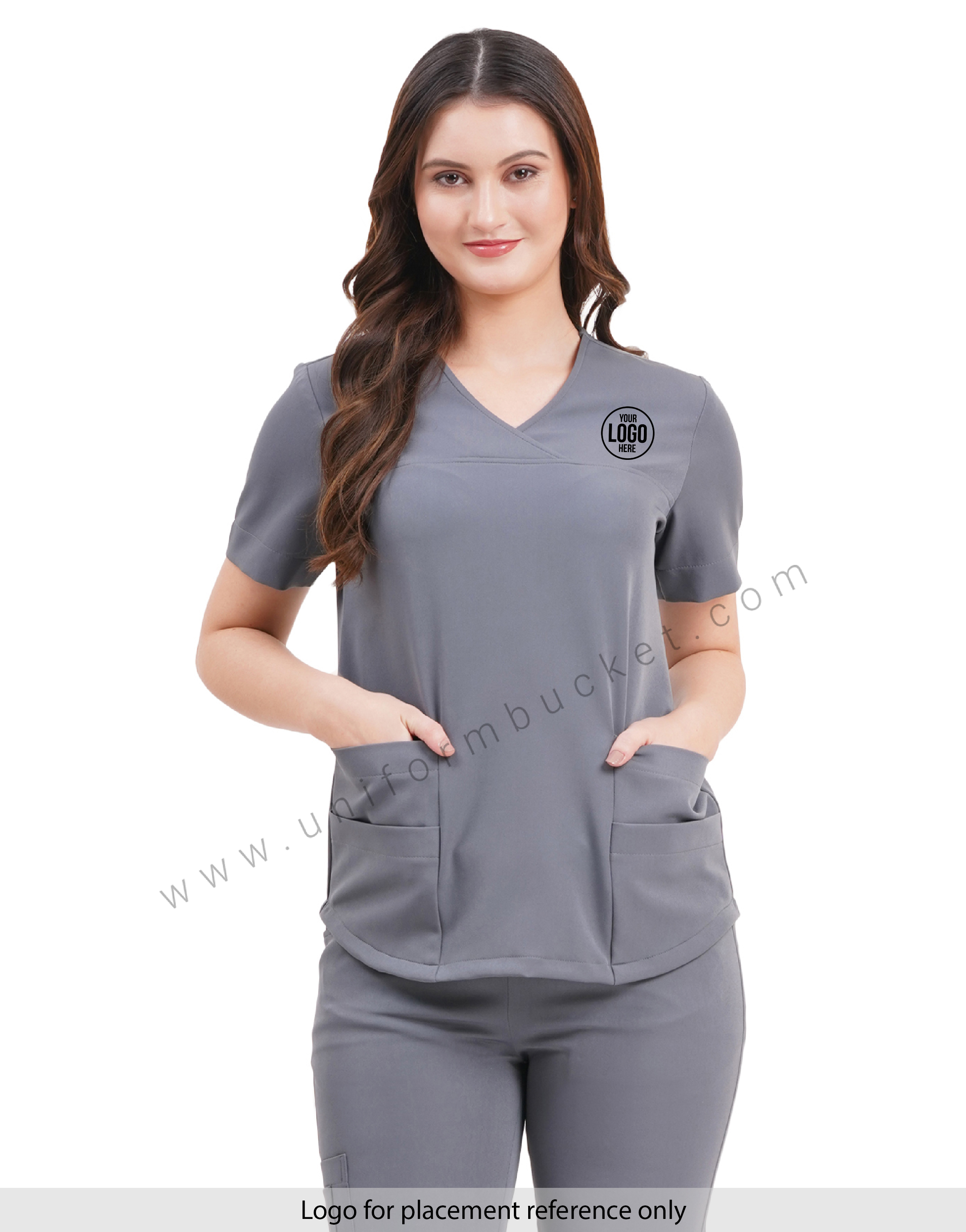 female grey top cross over yoke with bottom two joint pocket view 1