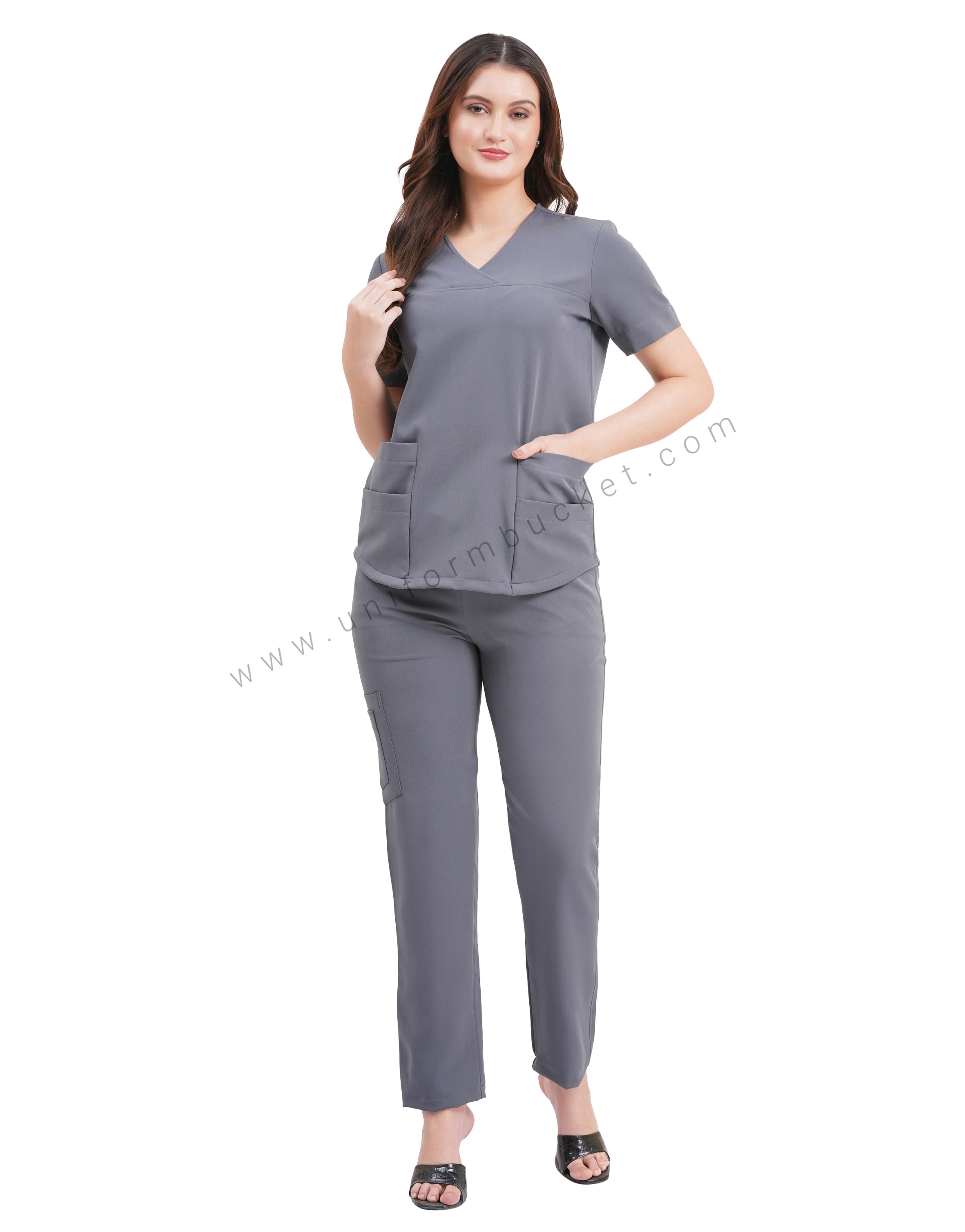 female grey top cross over yoke with bottom two joint pocket thumbnail 3