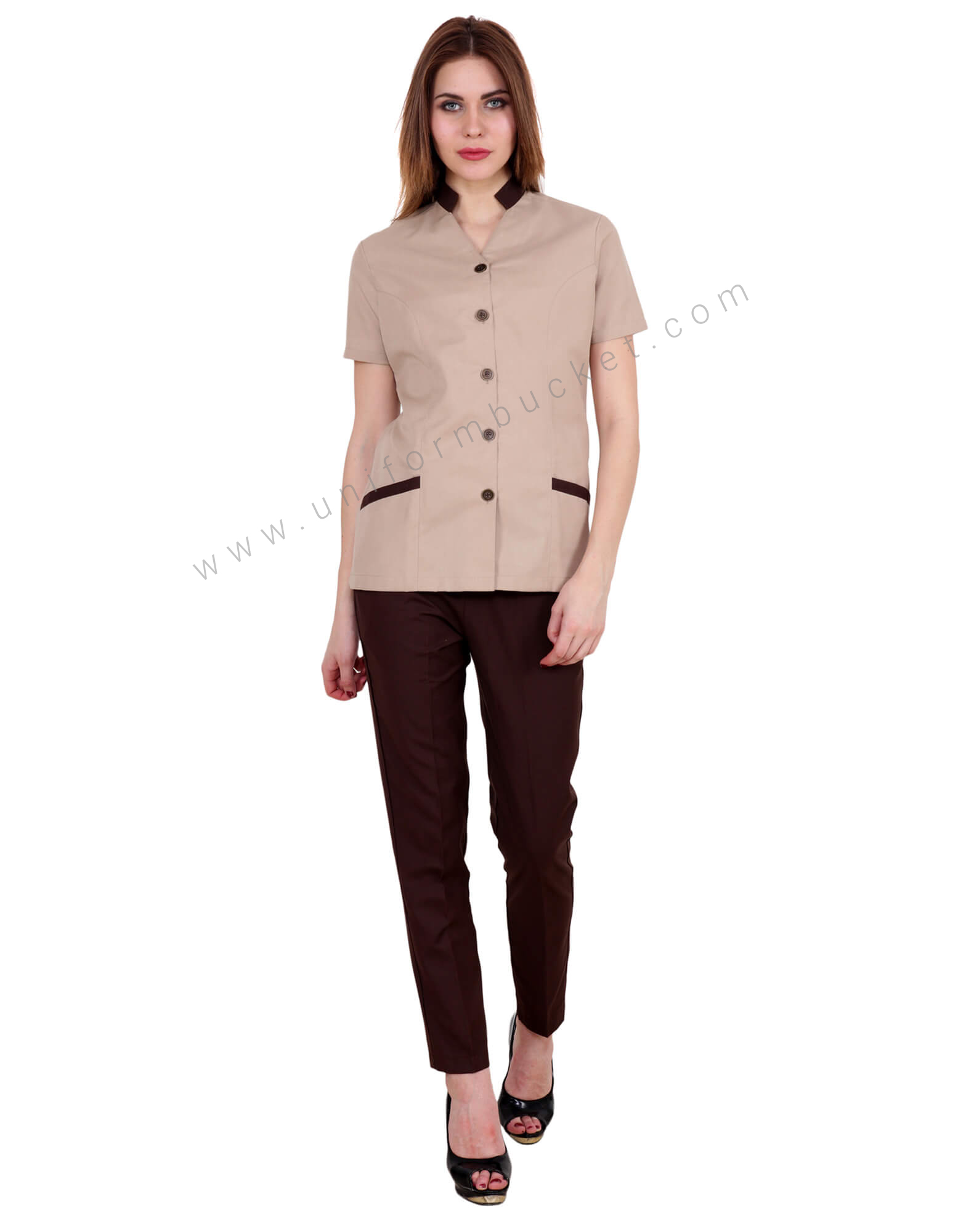 Band Collar Beige Shirt With Brown Trims thumbnail 3