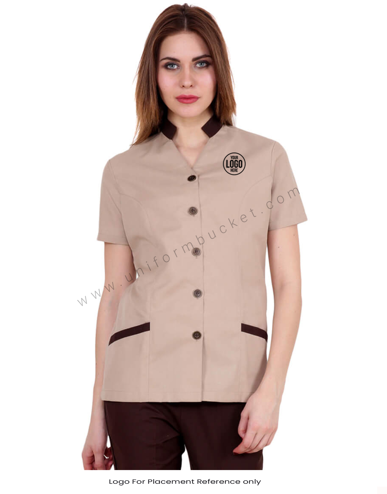 Band Collar Beige Shirt With Brown Trims thumbnail 4