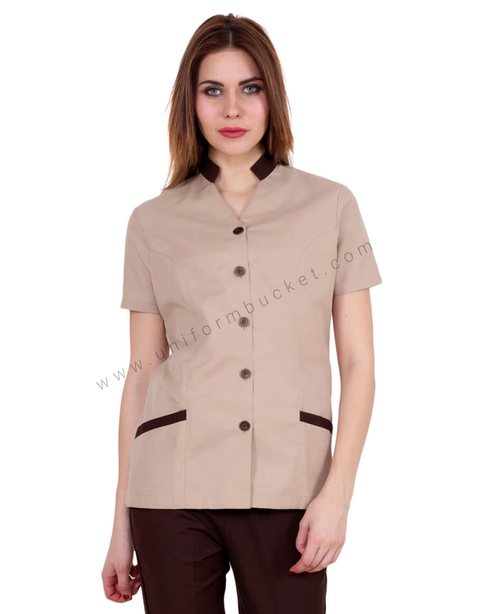 Band Collar Beige Shirt With Brown Trims thumbnail 2