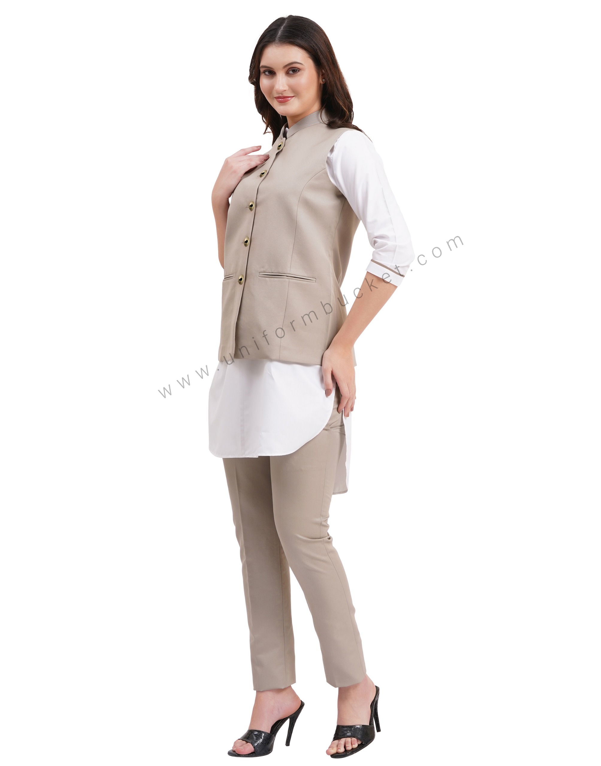 female khaki nehru jacket with golden one eye button thumbnail 3