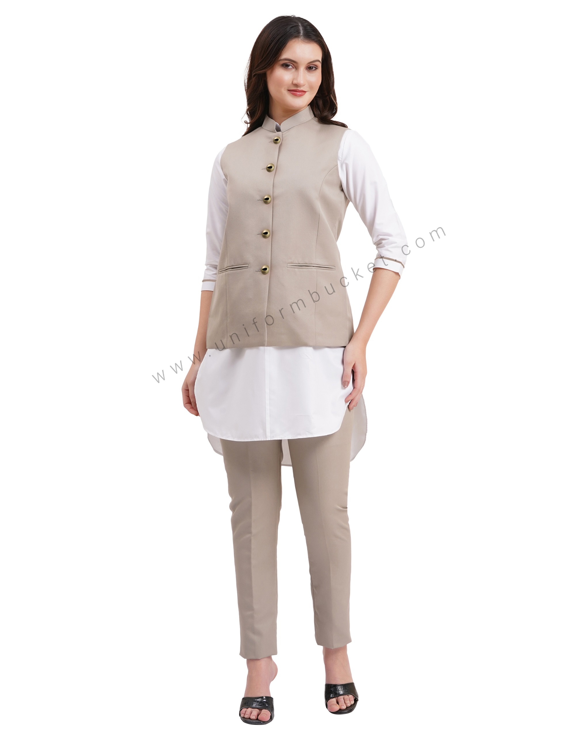 female khaki nehru jacket with golden one eye button thumbnail 4
