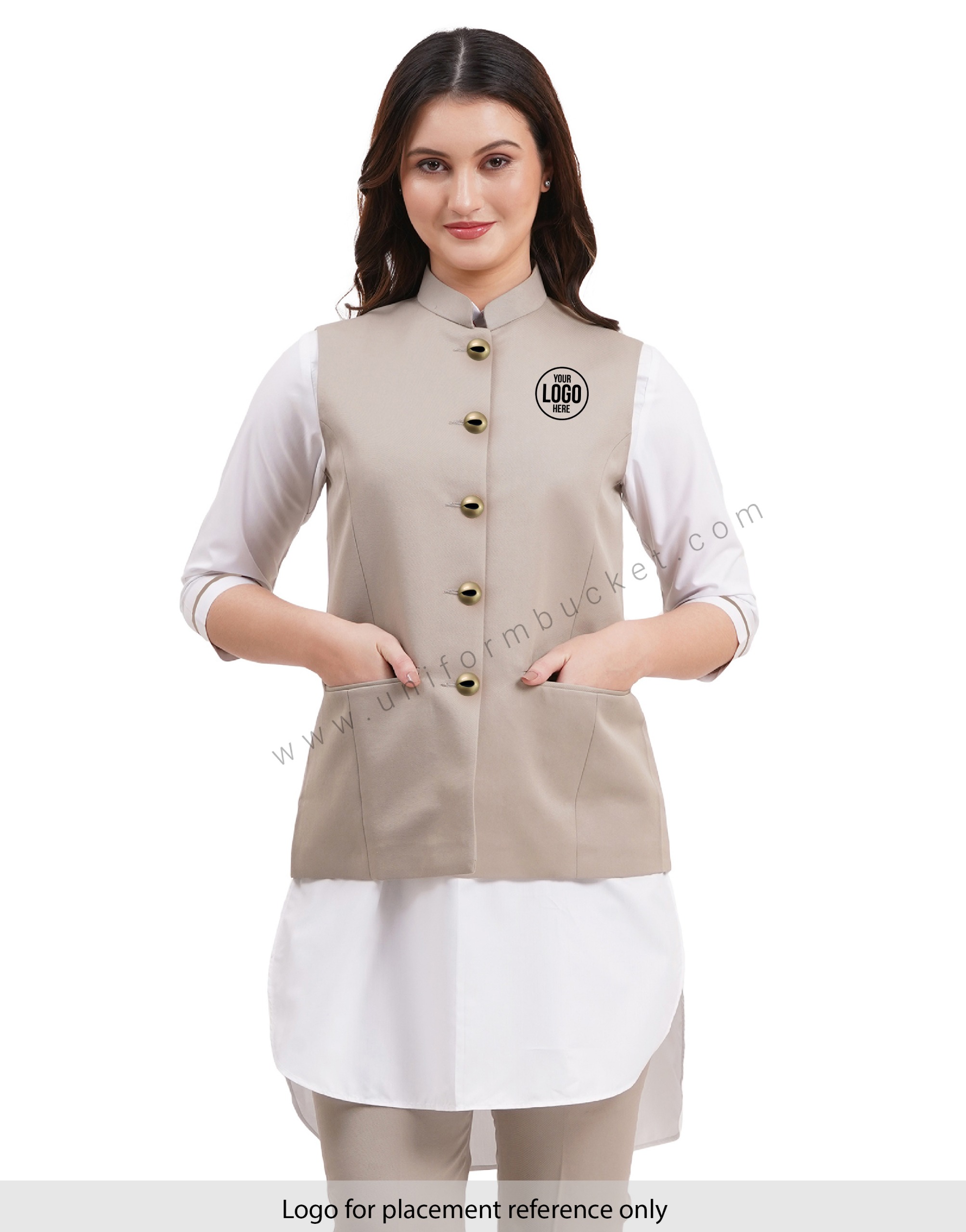 female khaki nehru jacket with golden one eye button view 1