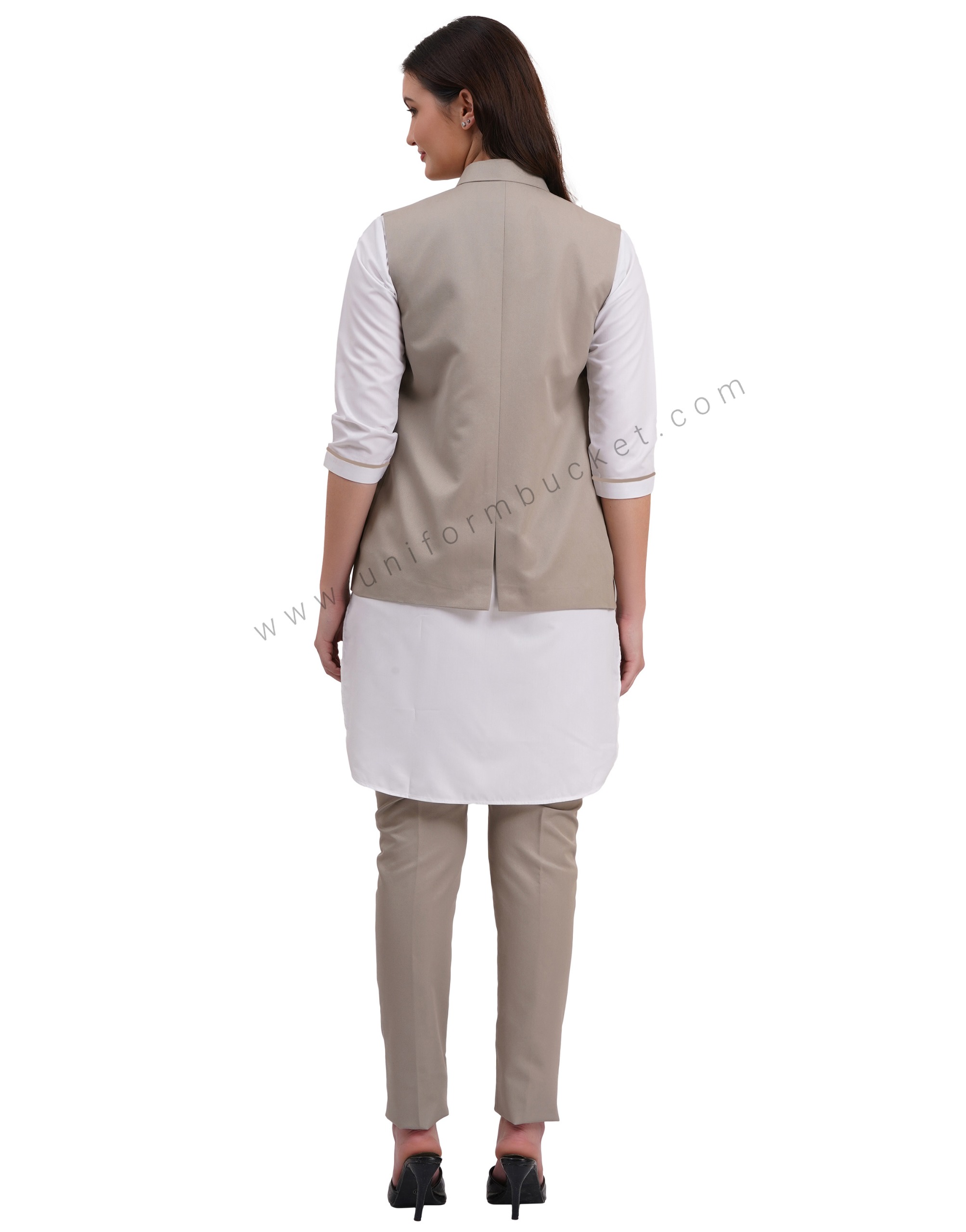 female khaki nehru jacket with golden one eye button thumbnail 6