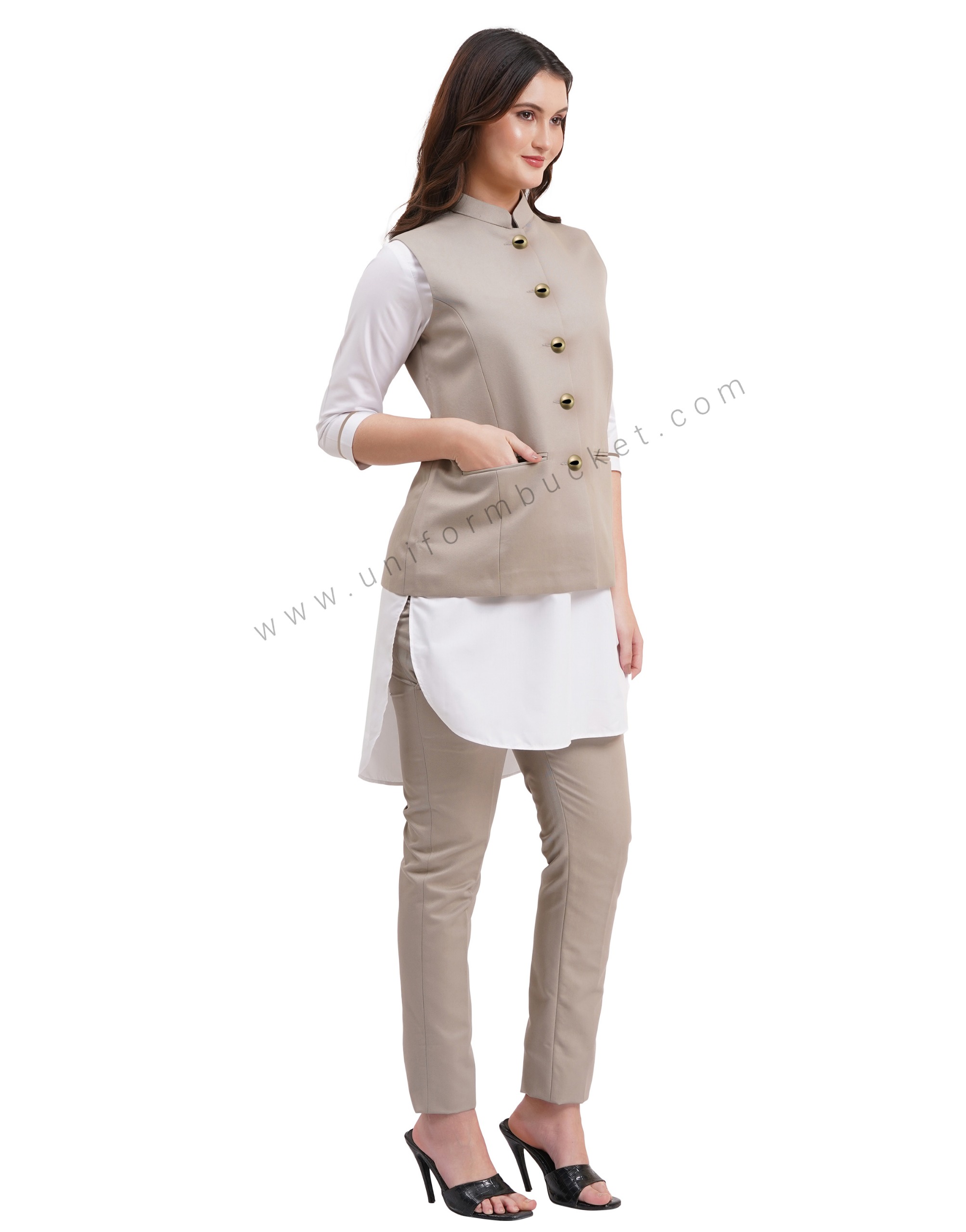 female khaki nehru jacket with golden one eye button thumbnail 2