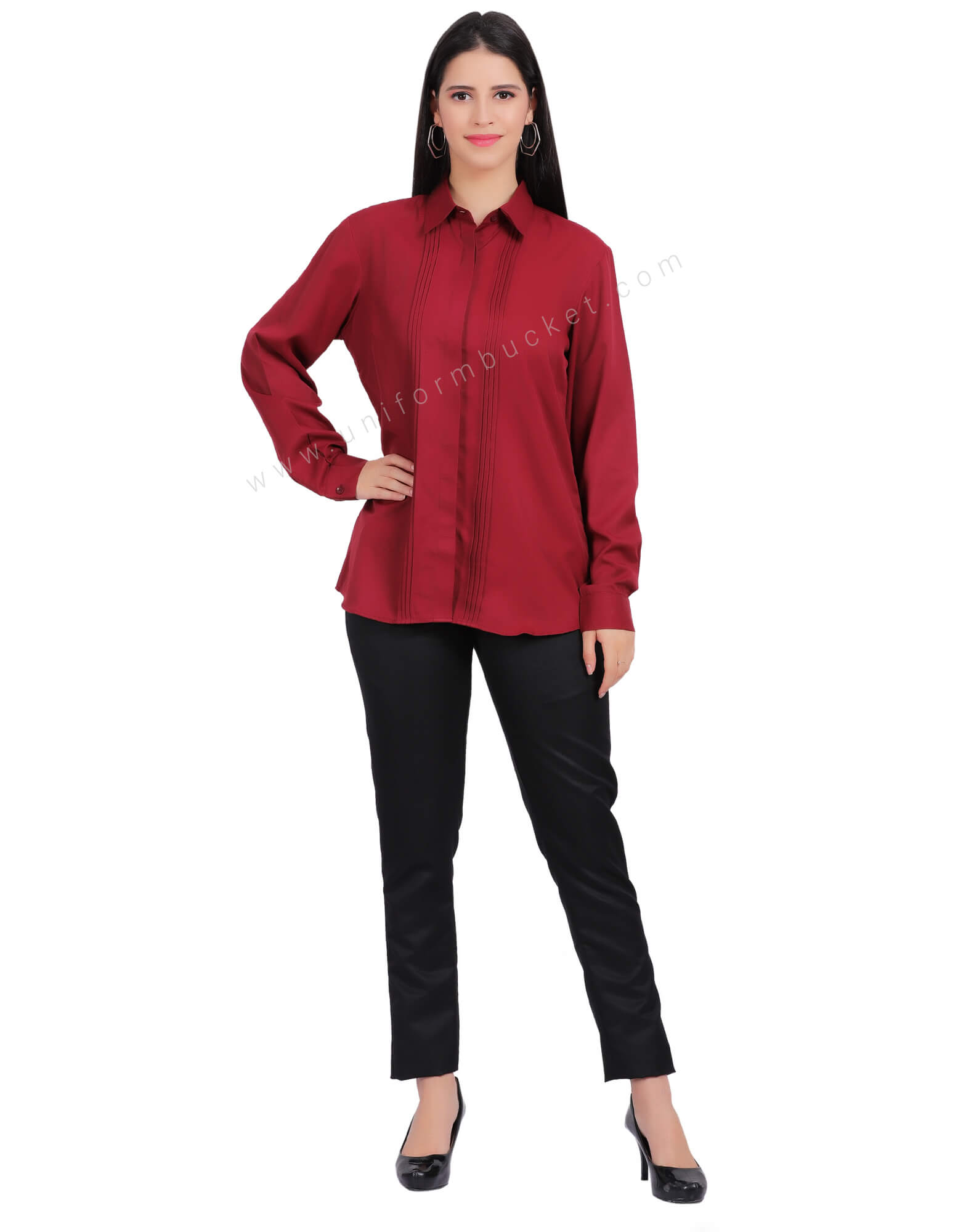 FEMALE MAROON HIDDEN PLACKET SHIRT WITH FRONT  TUCKS thumbnail 2