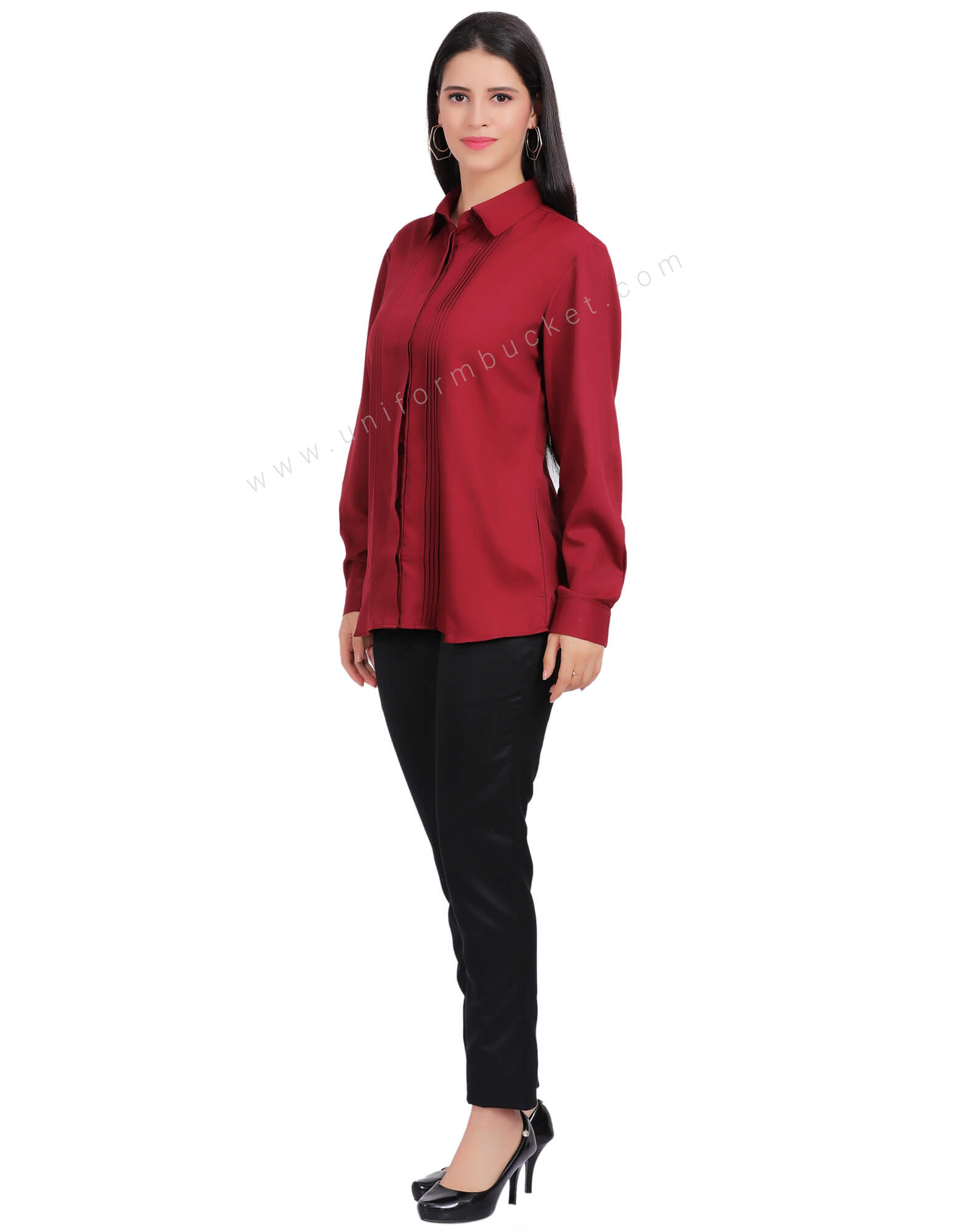 FEMALE MAROON HIDDEN PLACKET SHIRT WITH FRONT  TUCKS thumbnail 3