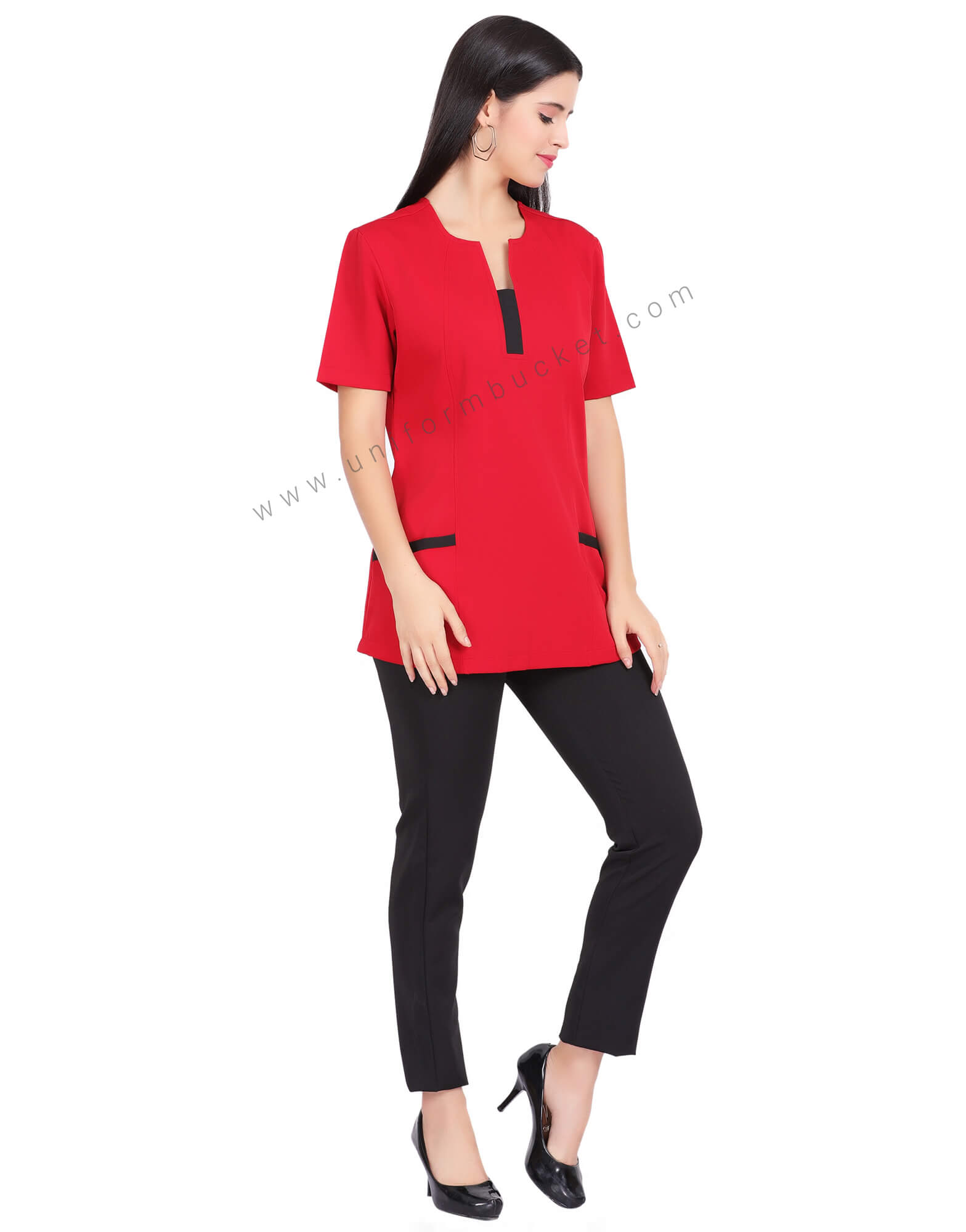 FEMALE RED TOP WITH BLACK NECK STRIPE thumbnail 3