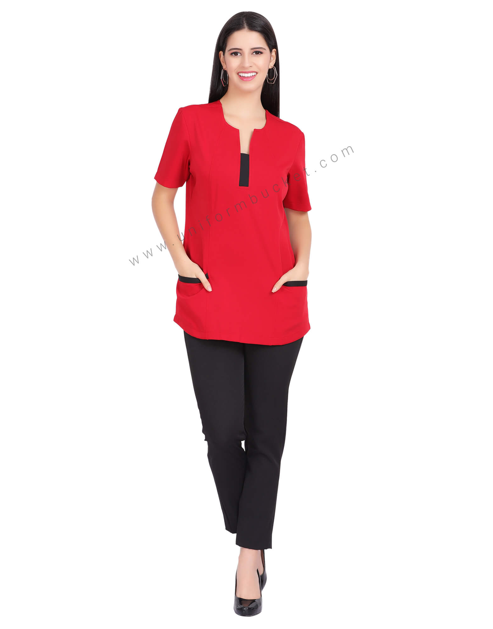 FEMALE RED TOP WITH BLACK NECK STRIPE thumbnail 2