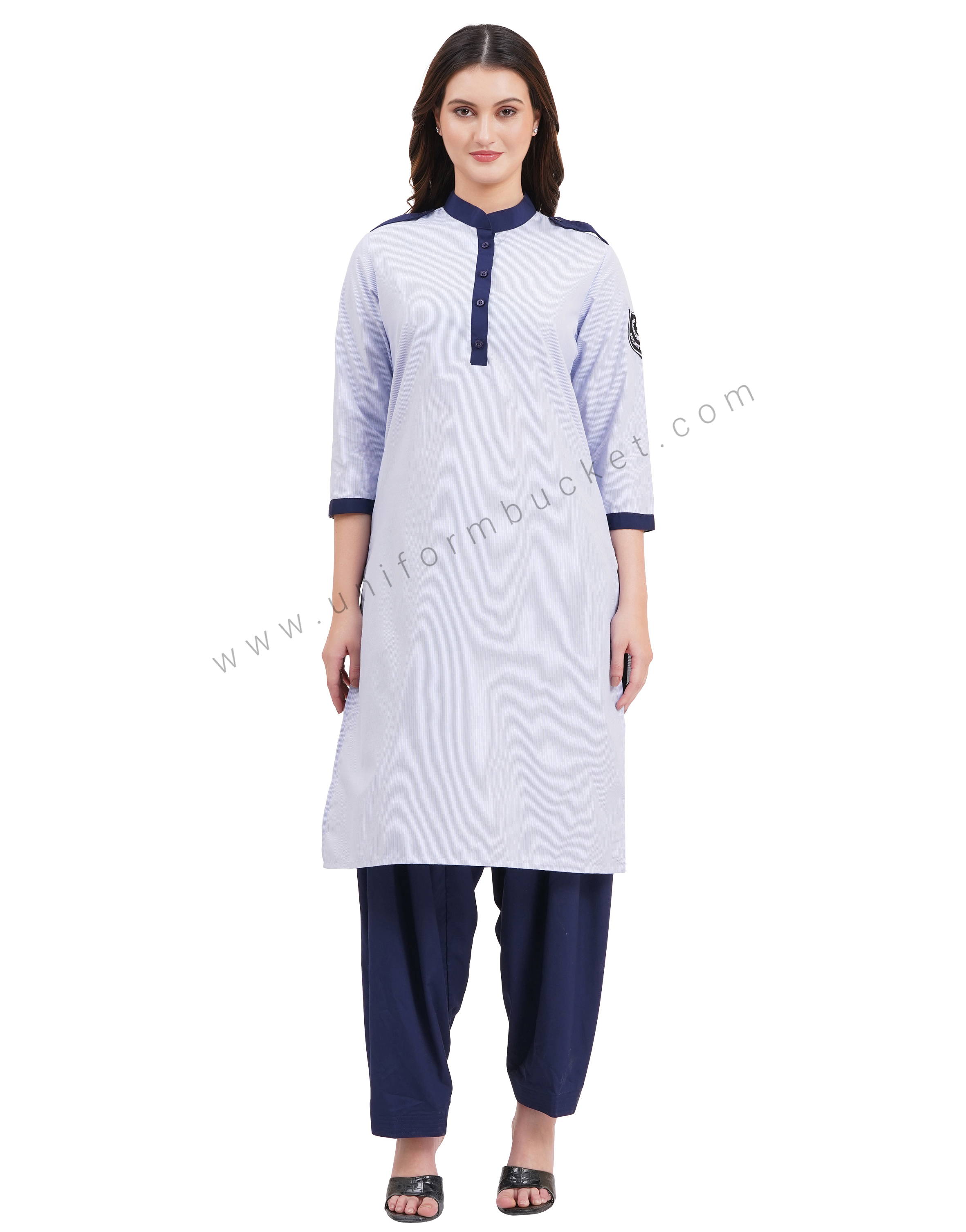 female Security Guard blue & white lining kurti with navy blue dupatta & salwar thumbnail 2