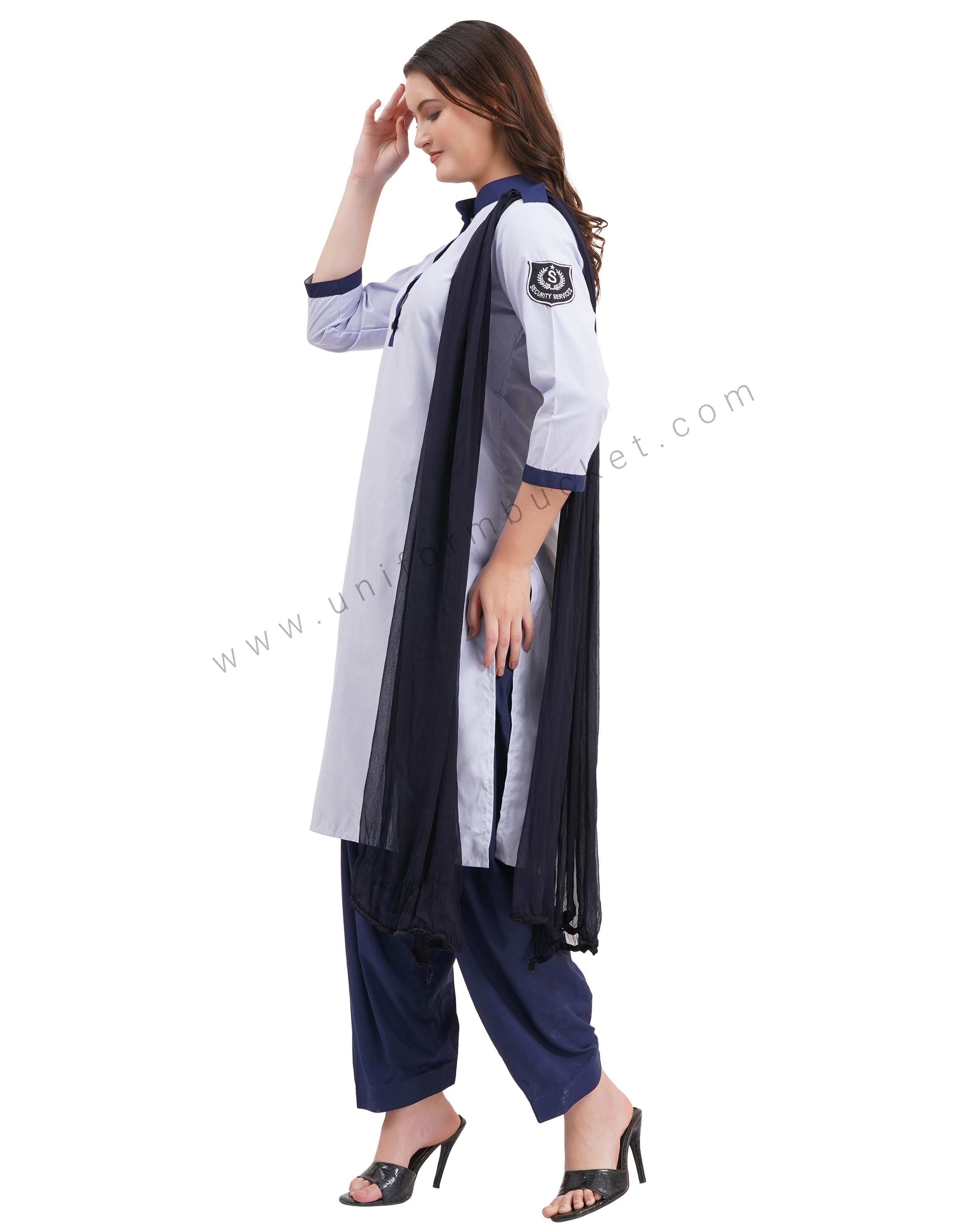 female Security Guard blue & white lining kurti with navy blue dupatta & salwar thumbnail 3