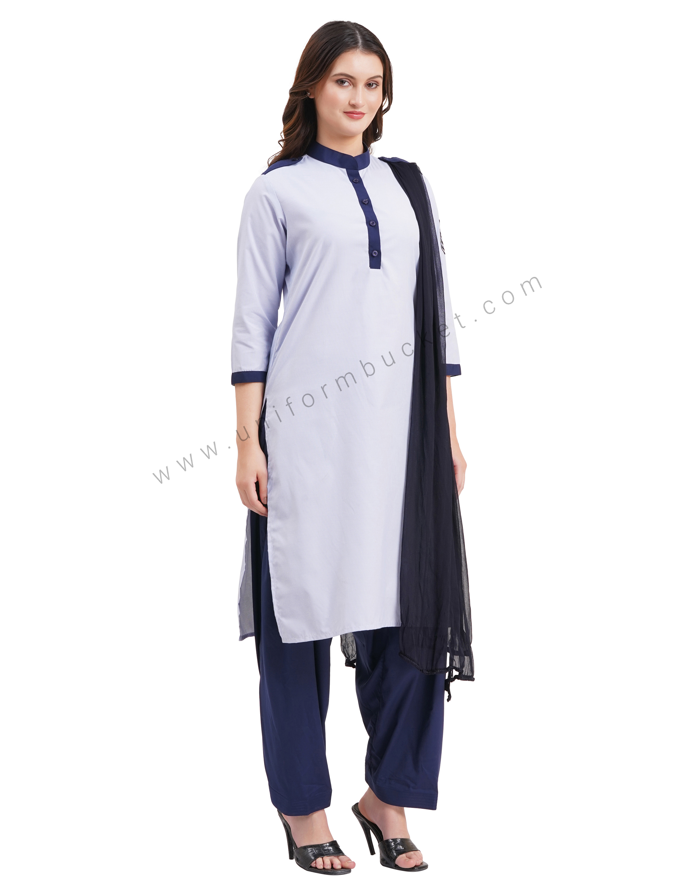 female Security Guard blue & white lining kurti with navy blue dupatta & salwar thumbnail 4