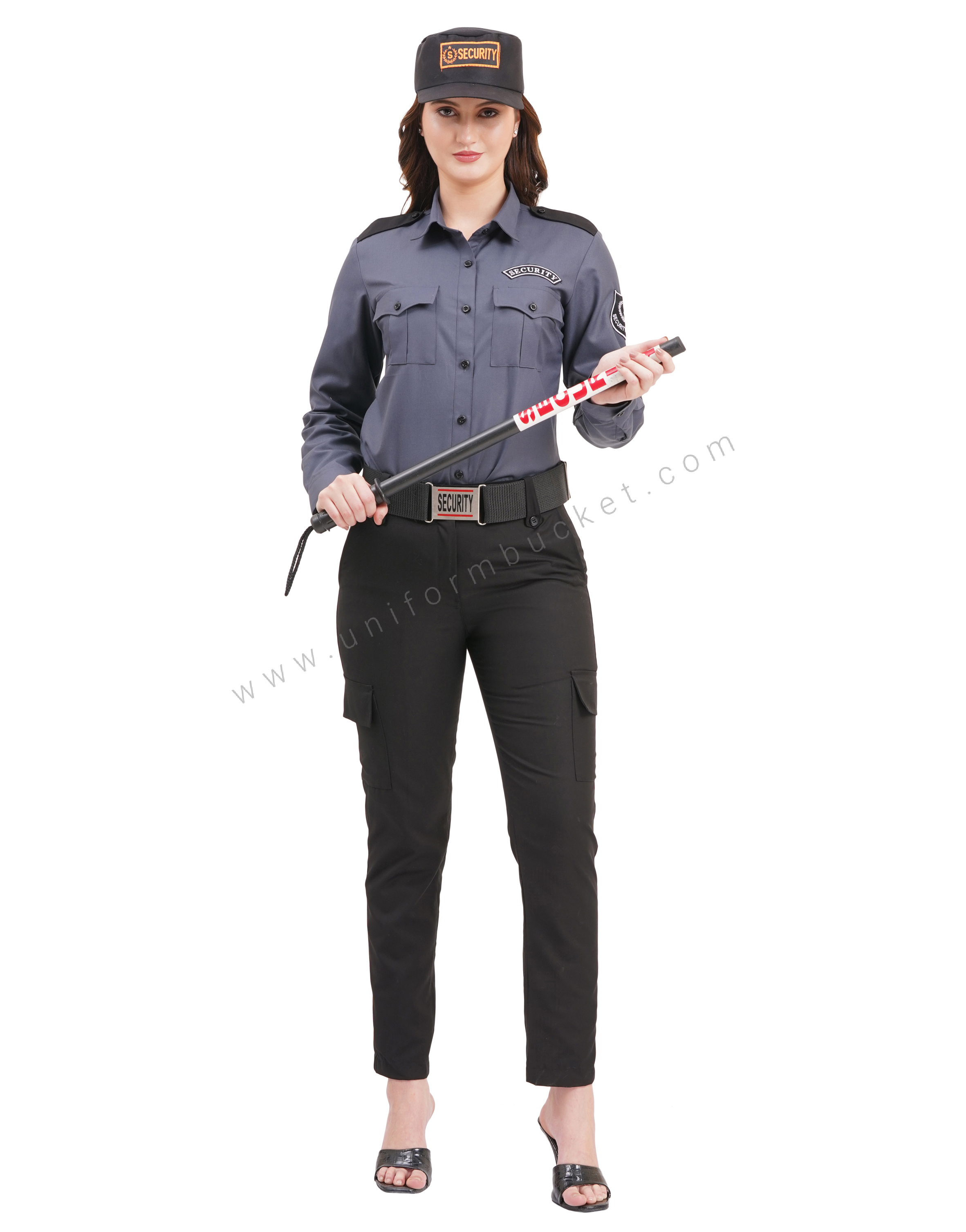 Female Security Guard grey shirt with black shoulder loops view 1