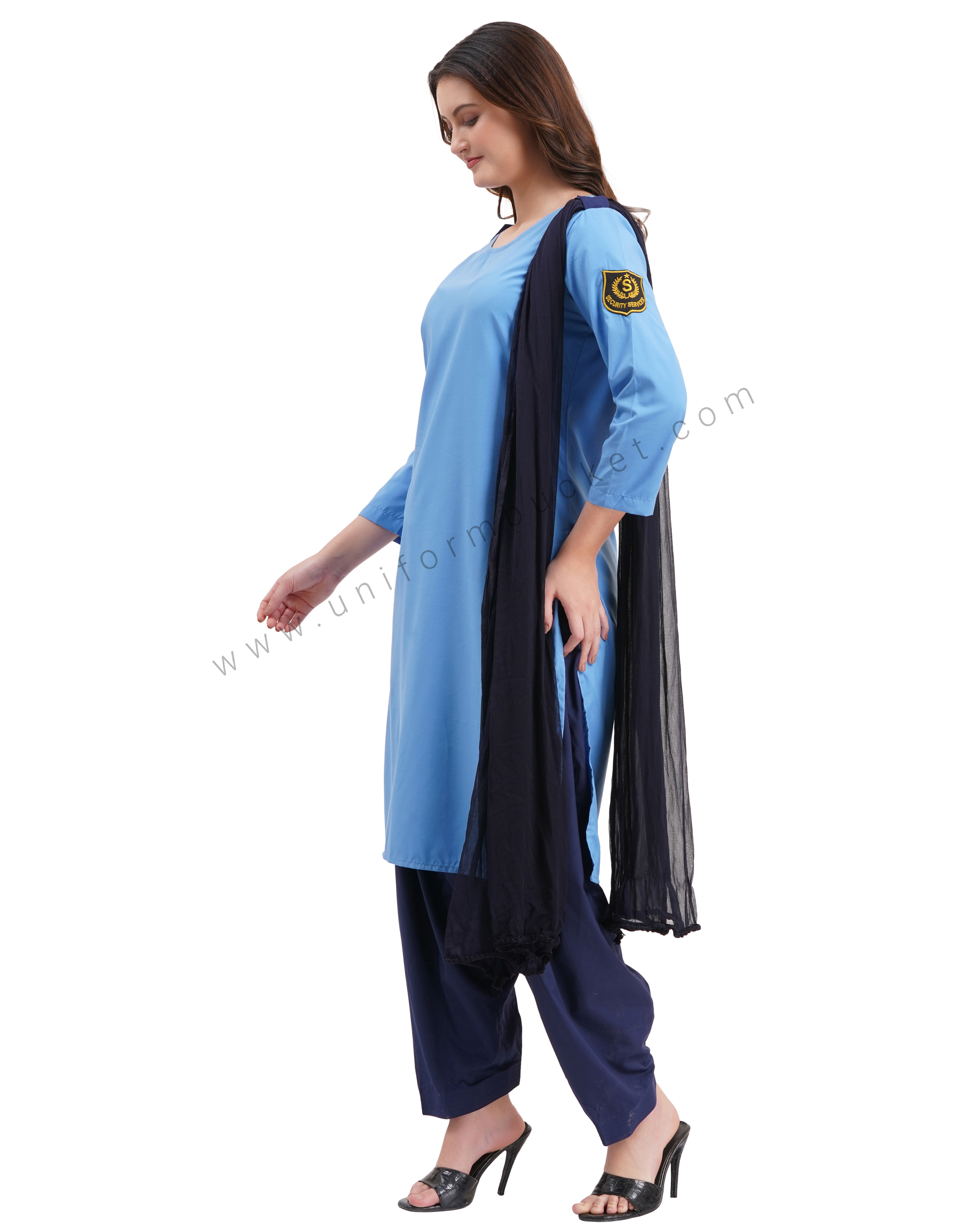 female Security Guard round neck blue kurti with navy blue dupatta & slawar thumbnail 4