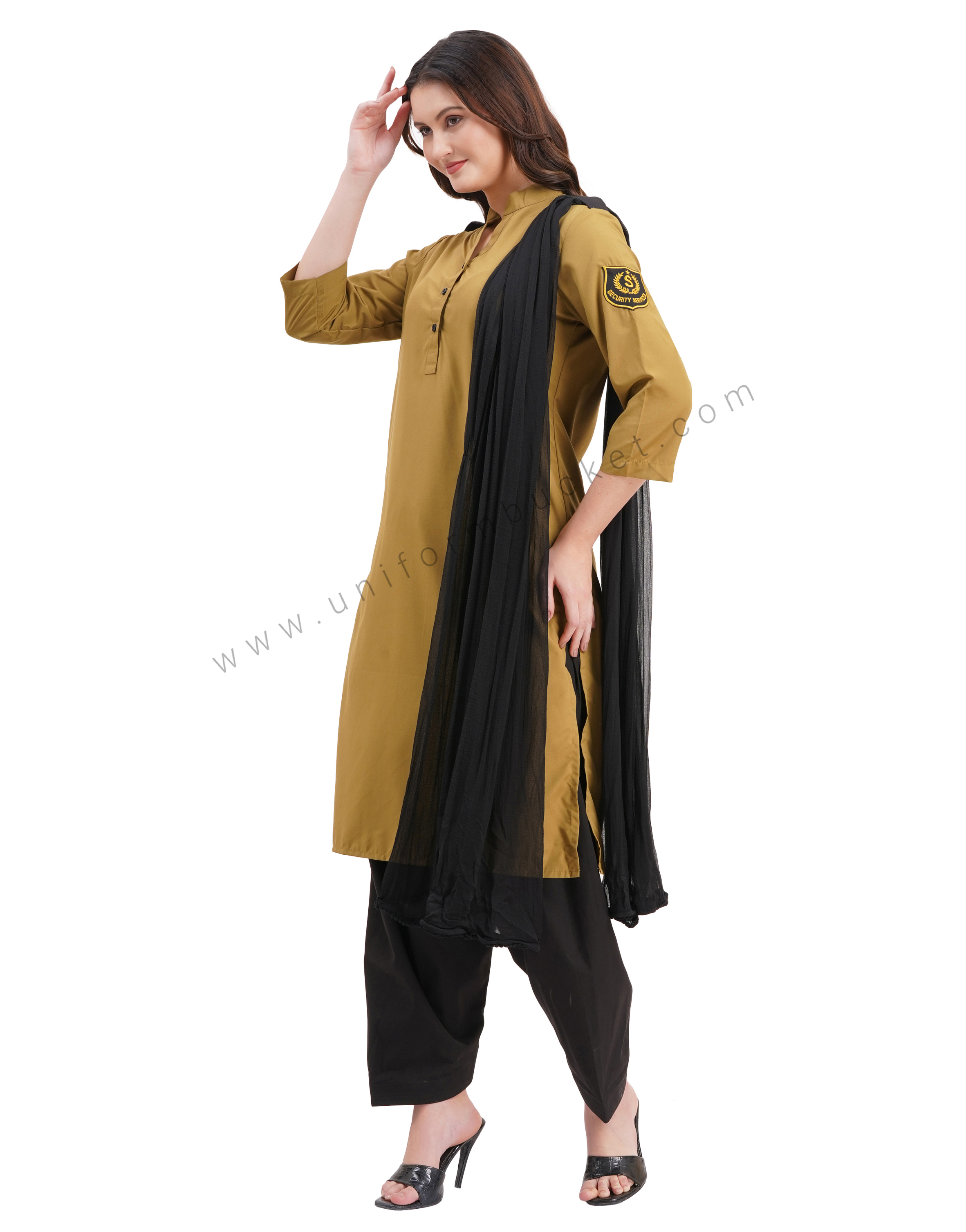 female Security Guard v neck  khaki kurti with dupatta & salwar view 1