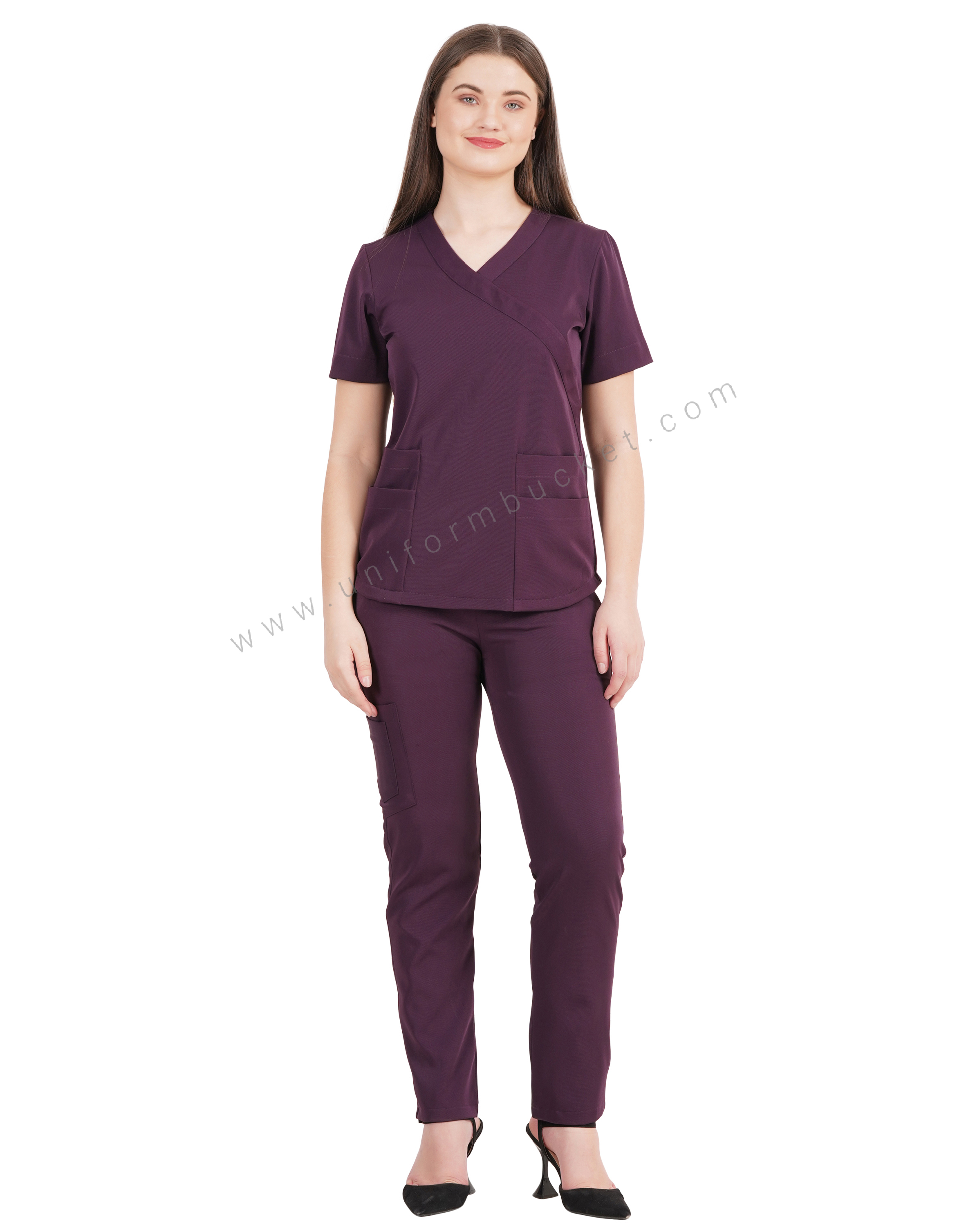 female v neck wine color top with front two joint pocket thumbnail 2