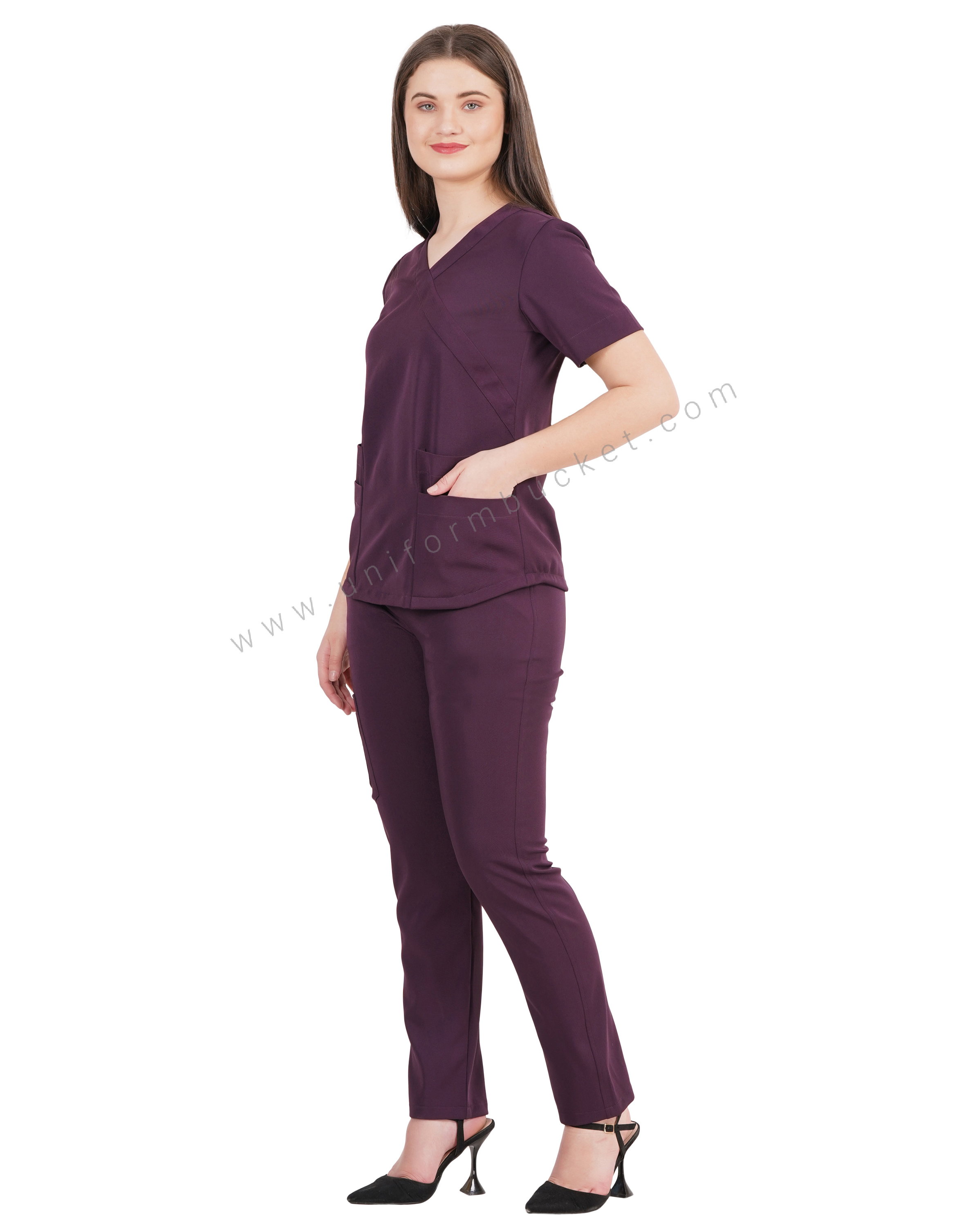 female v neck wine color top with front two joint pocket thumbnail 3