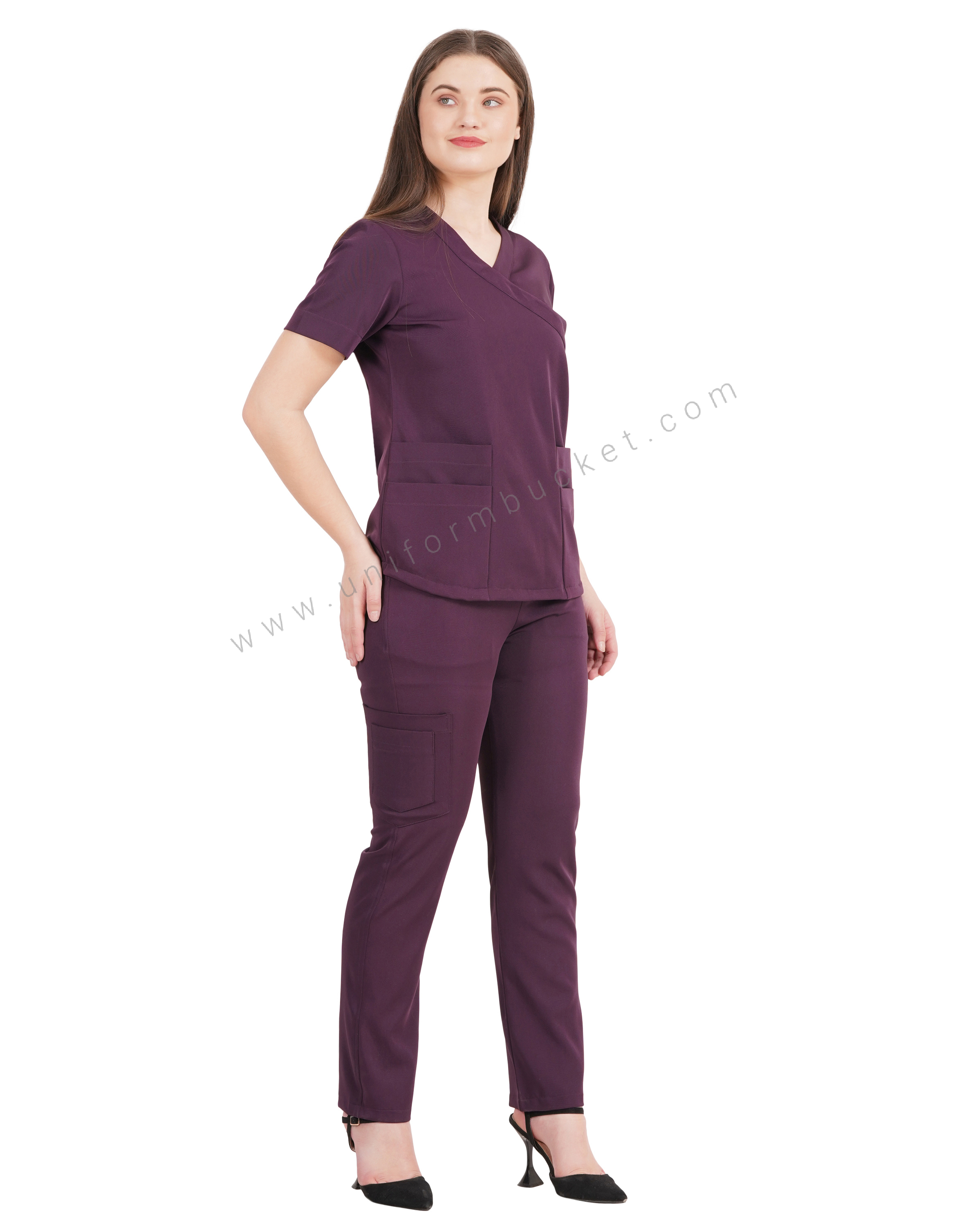 female v neck wine color top with front two joint pocket thumbnail 4