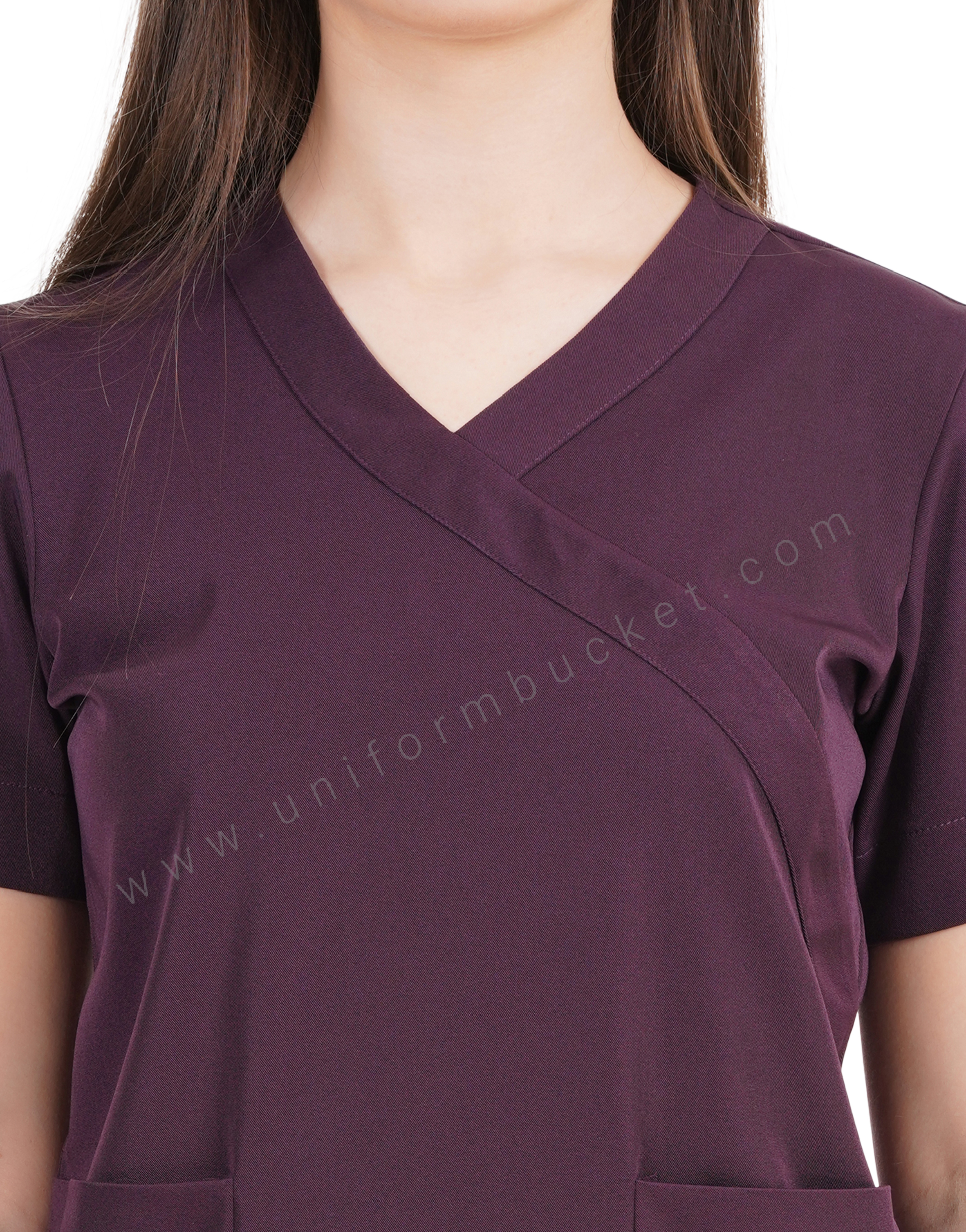 female v neck wine color top with front two joint pocket thumbnail 5
