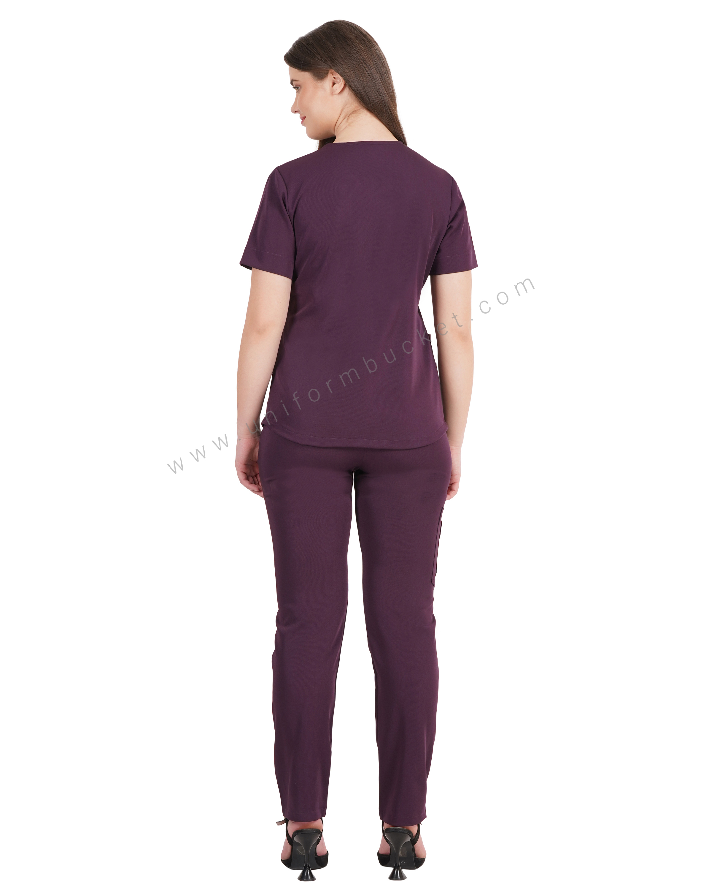 female v neck wine color top with front two joint pocket thumbnail 6