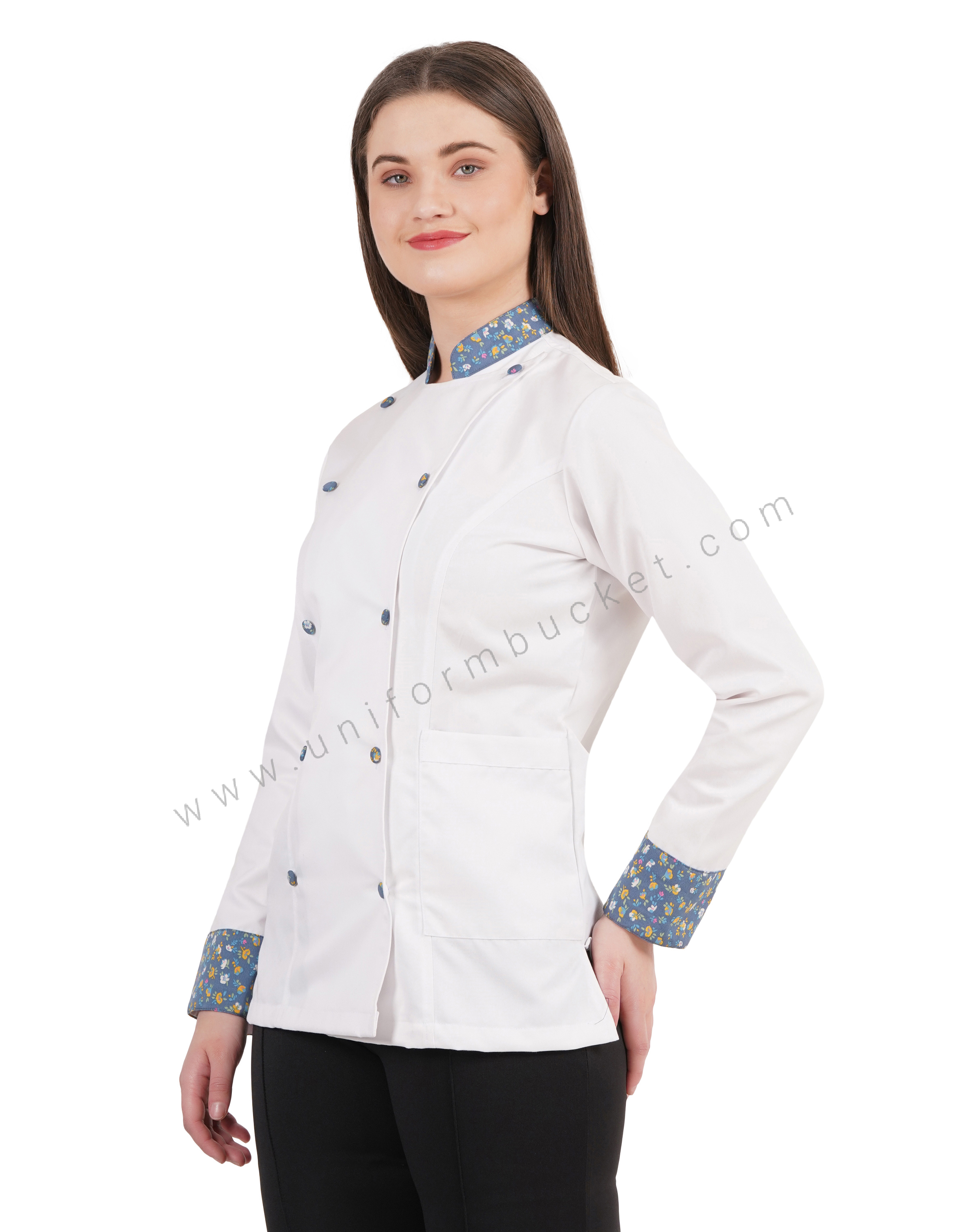 FEMALE WHITE CHEF COAT WITH COLOR FULL PRINTED CUFF & COLLAR view 1
