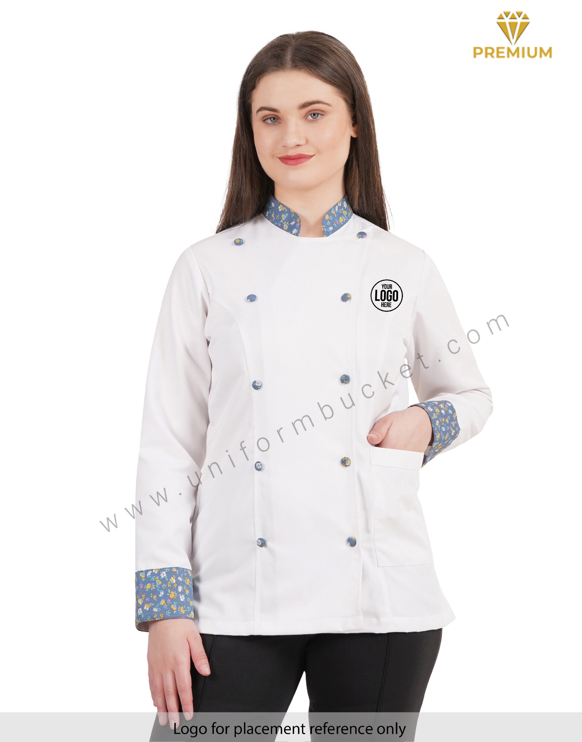 FEMALE WHITE CHEF COAT WITH COLOR FULL PRINTED CUFF & COLLAR thumbnail 5
