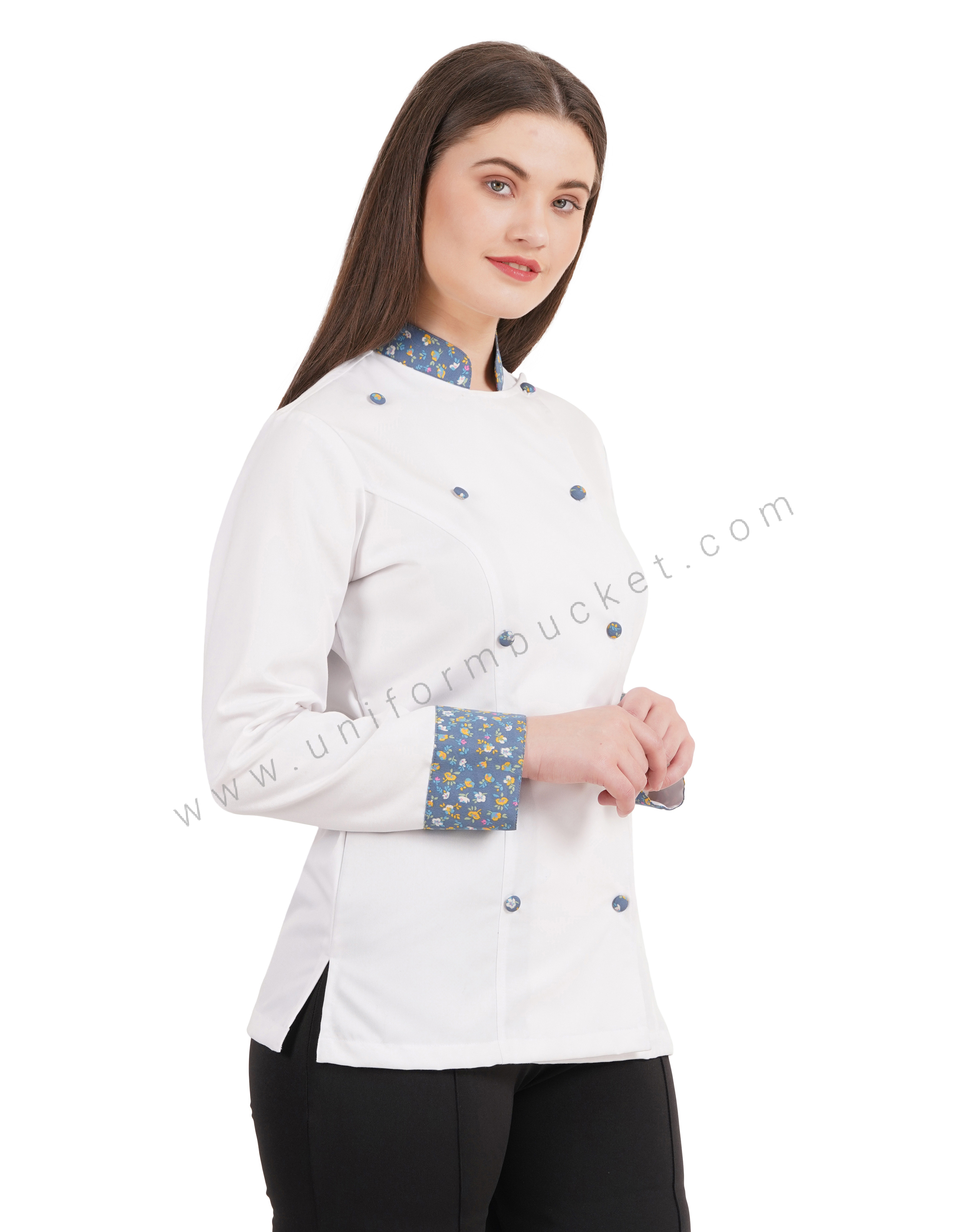 FEMALE WHITE CHEF COAT WITH COLOR FULL PRINTED CUFF & COLLAR thumbnail 2
