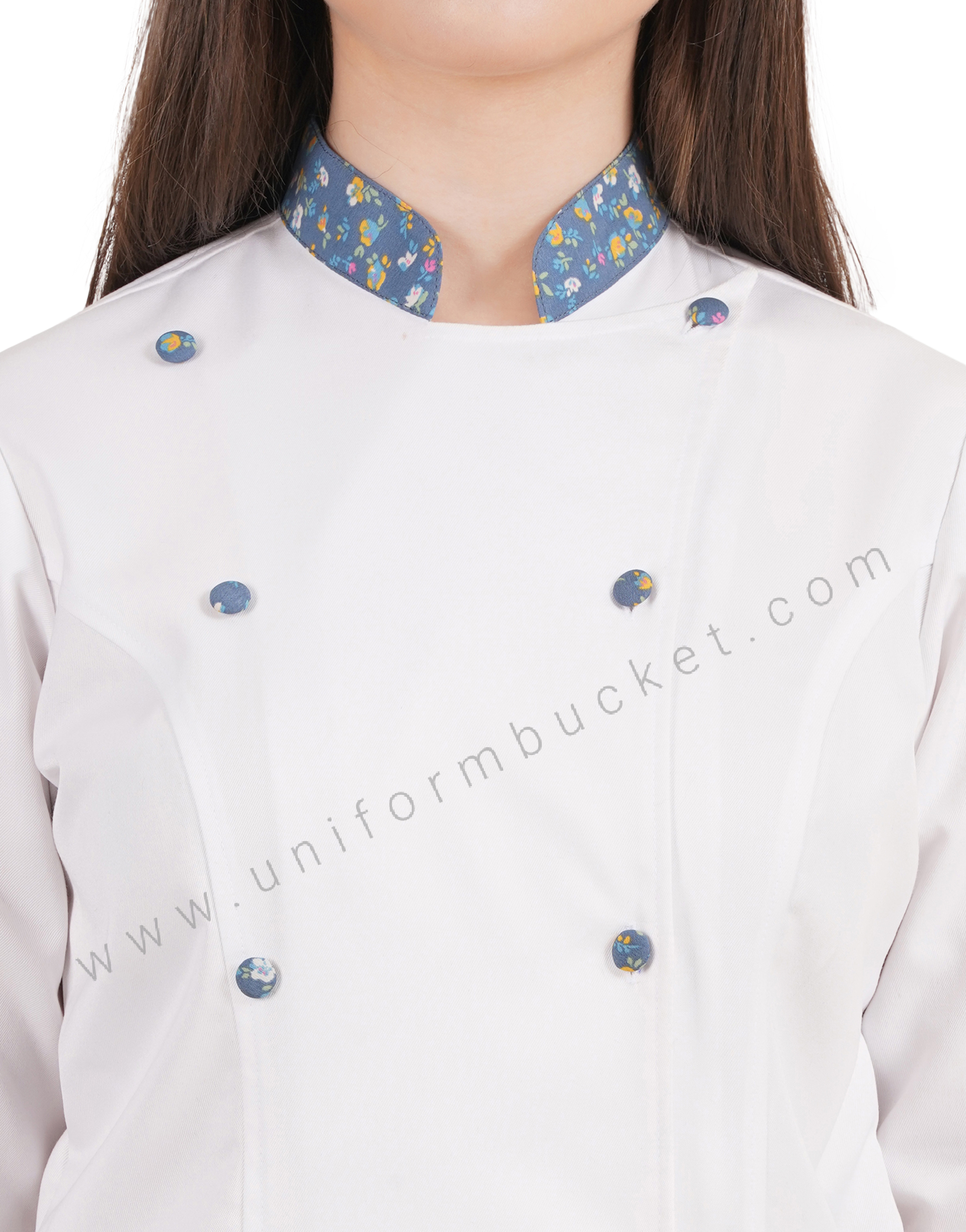FEMALE WHITE CHEF COAT WITH COLOR FULL PRINTED CUFF & COLLAR thumbnail 4