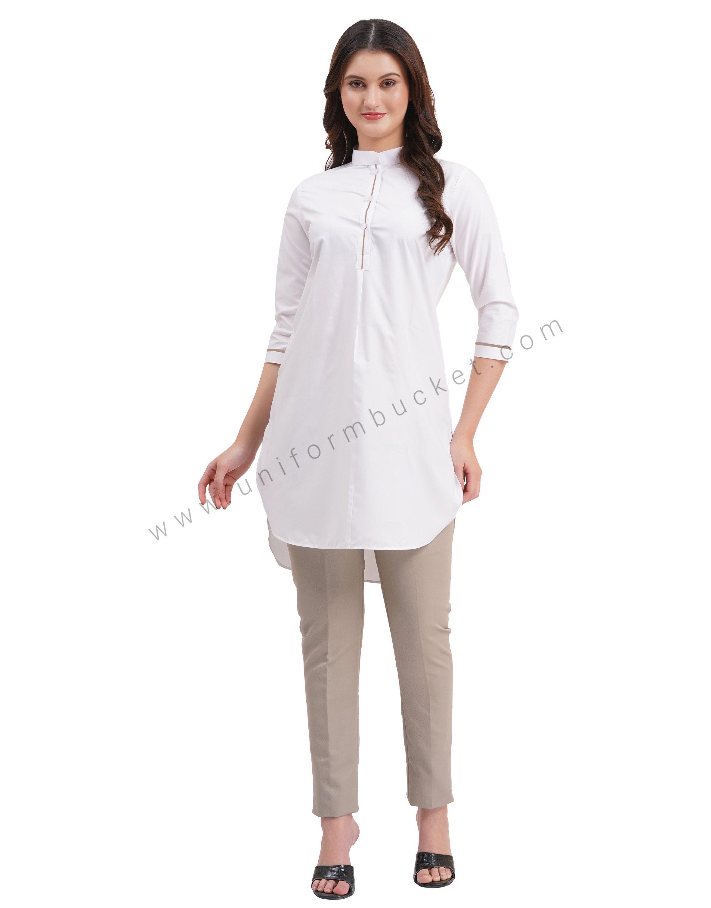 female white kurti with  beige piping on sleeve & placket view 1