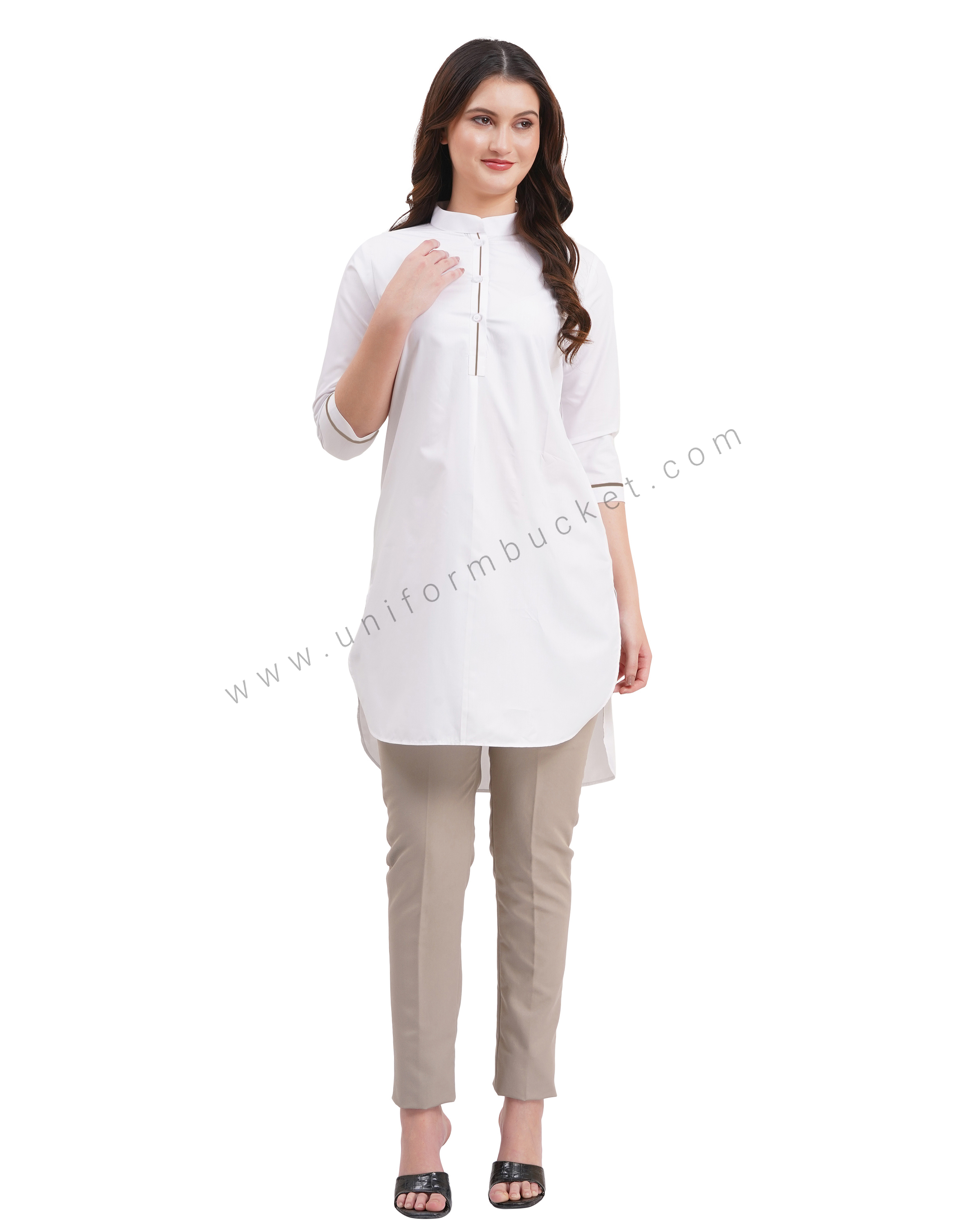 female white kurti with  beige piping on sleeve & placket thumbnail 2