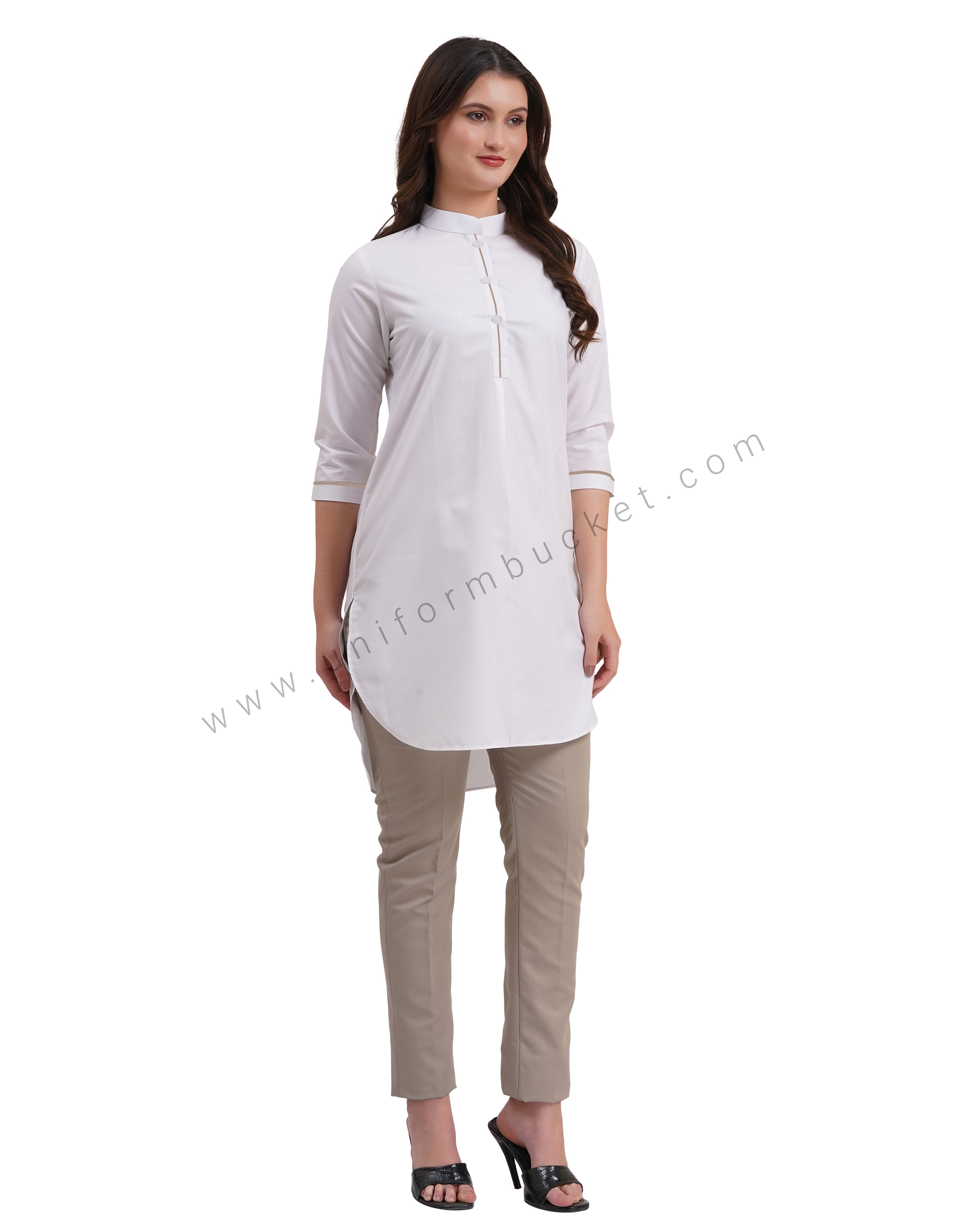 female white kurti with  beige piping on sleeve & placket thumbnail 3