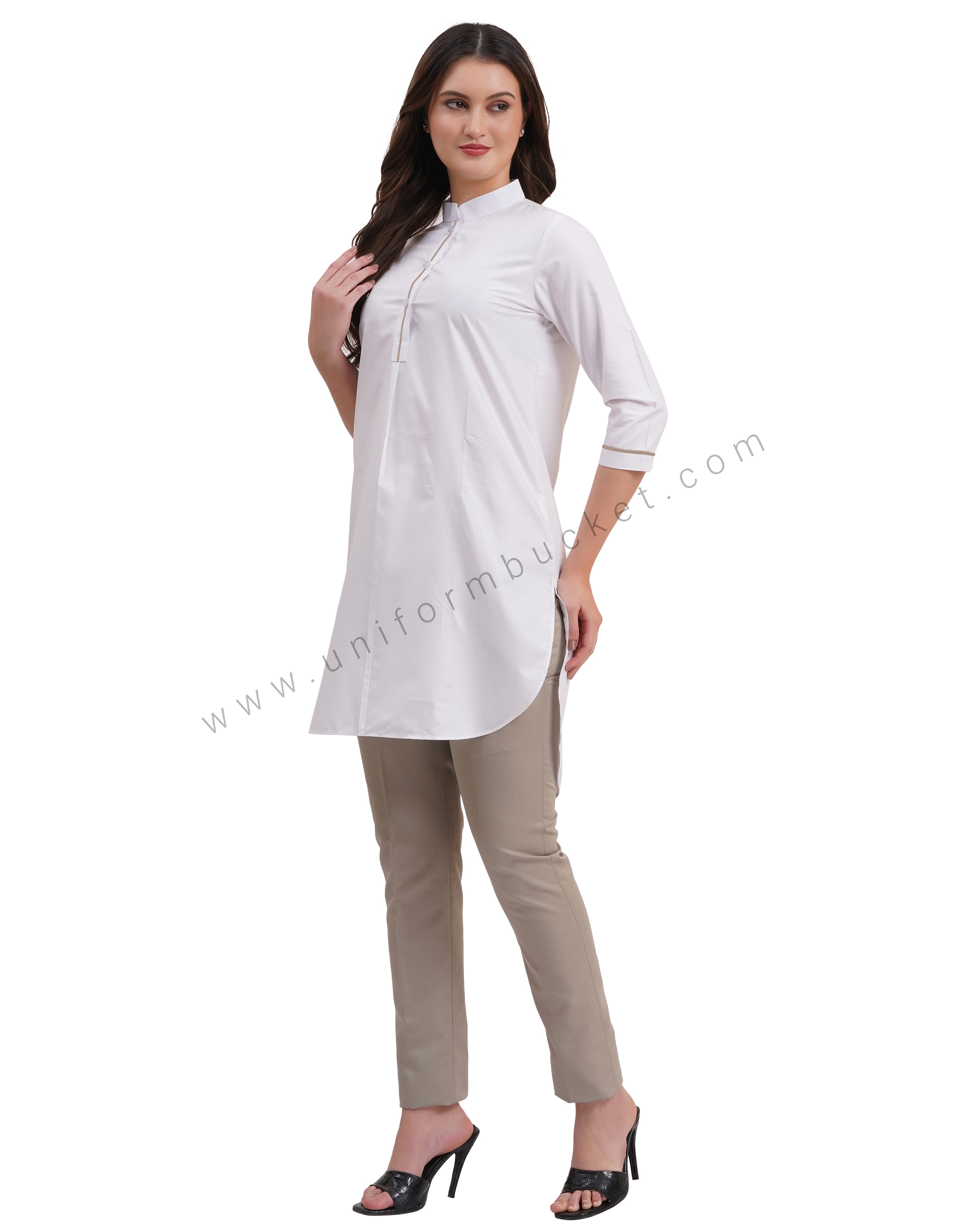 female white kurti with  beige piping on sleeve & placket thumbnail 4
