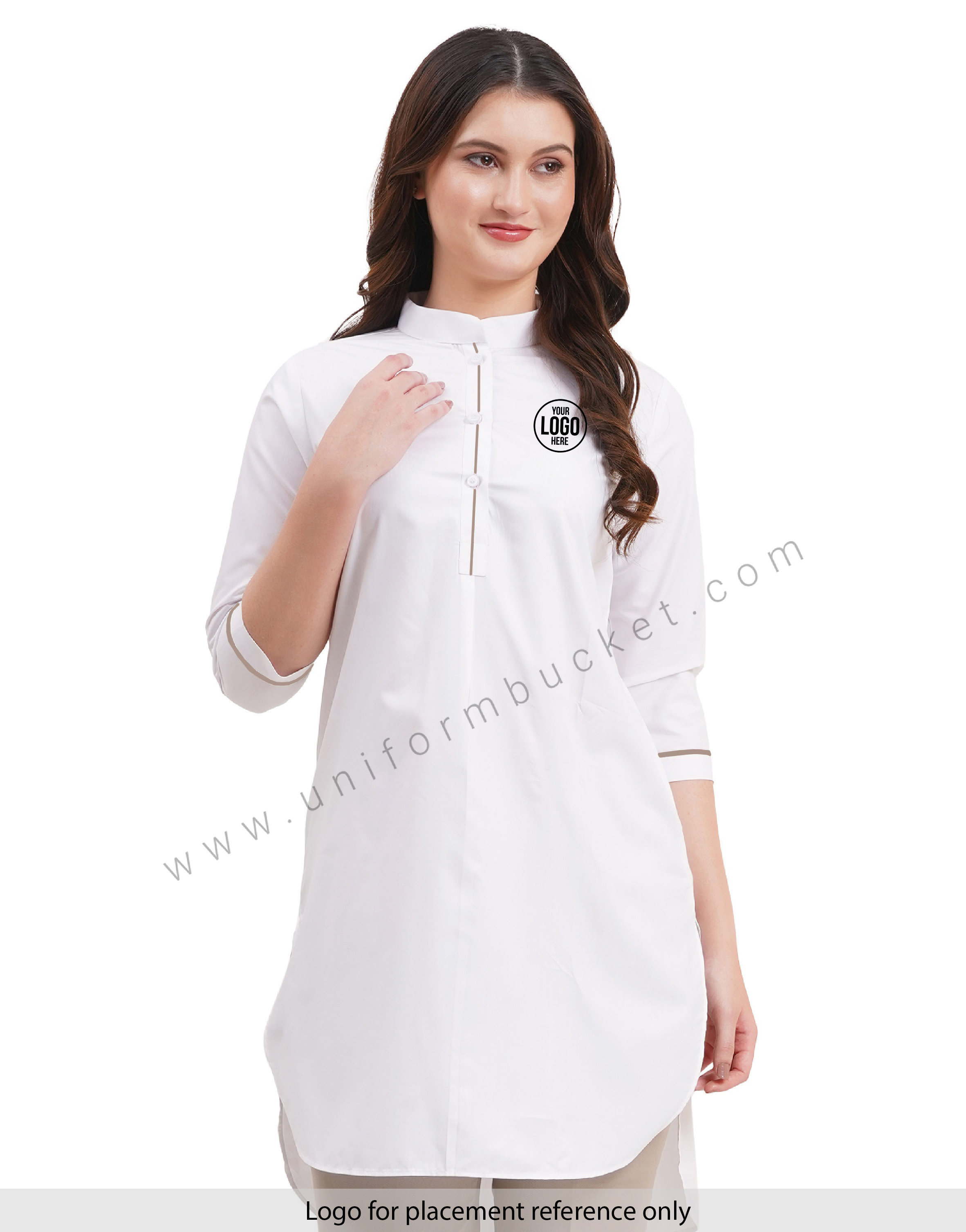 female white kurti with  beige piping on sleeve & placket thumbnail 6