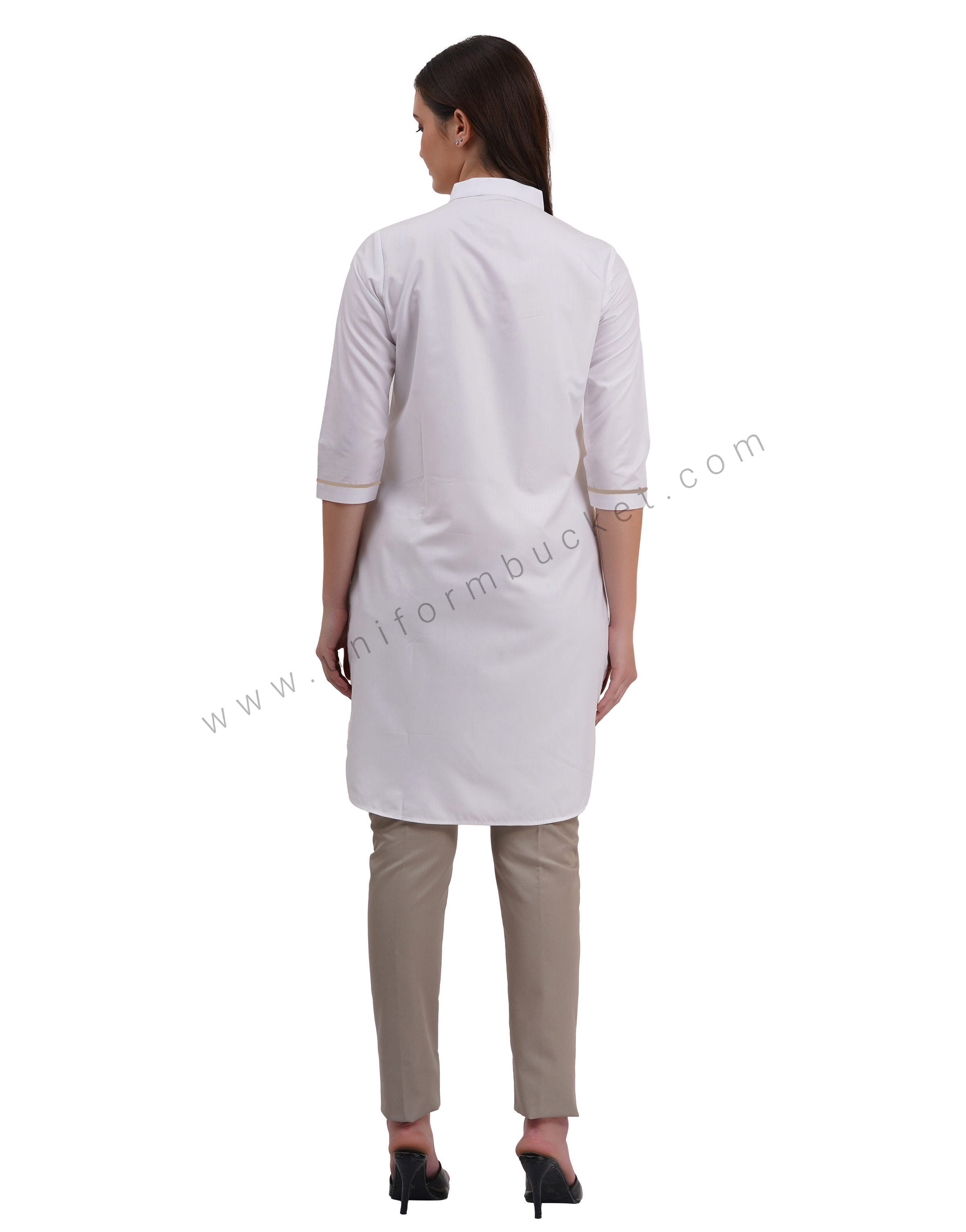 female white kurti with  beige piping on sleeve & placket thumbnail 7