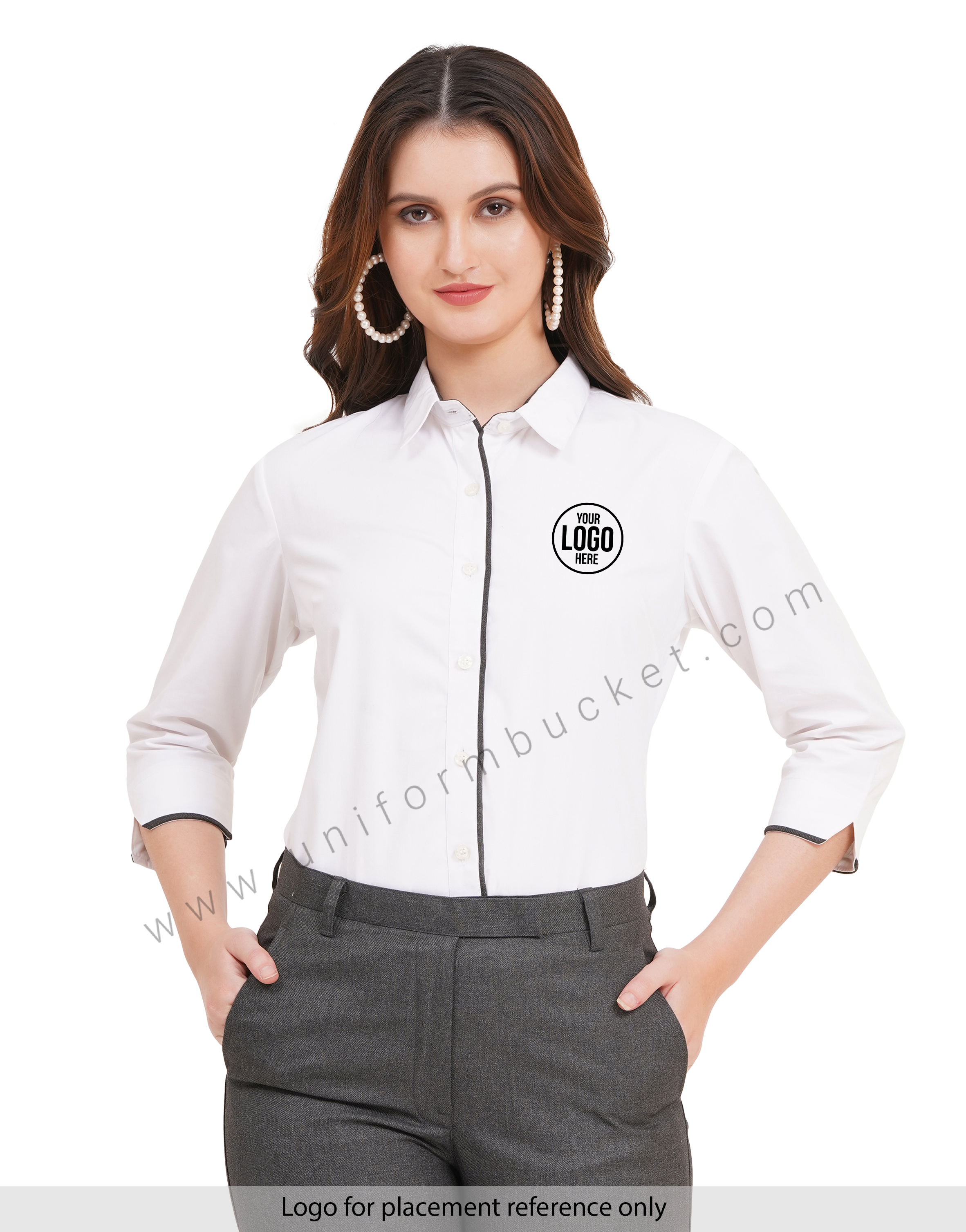 female white shirt with grey piping  & 3/4 sleeve v cut view 1