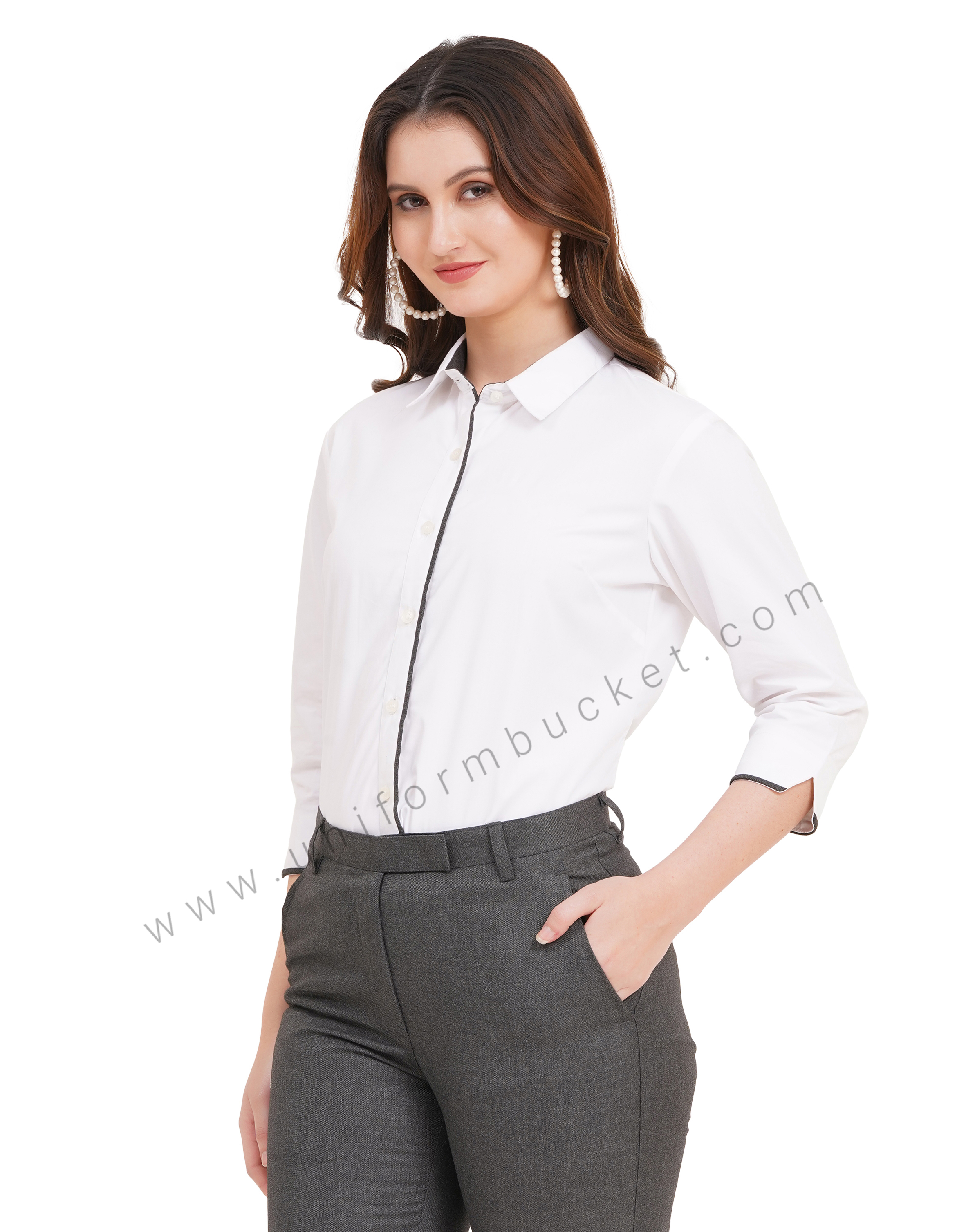 female white shirt with grey piping  & 3/4 sleeve v cut thumbnail 2
