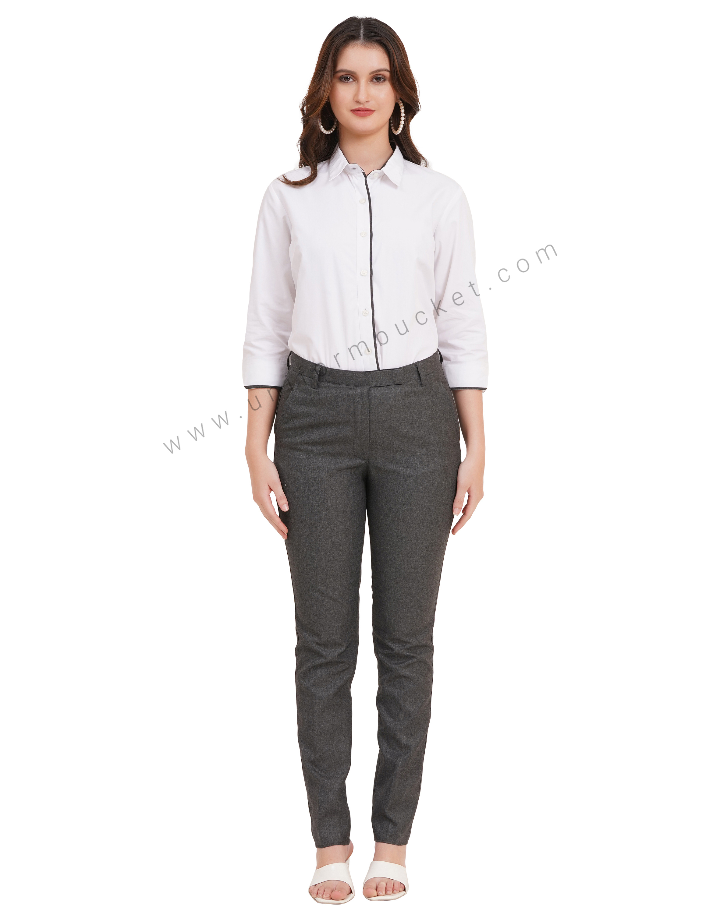 female white shirt with grey piping  & 3/4 sleeve v cut thumbnail 3