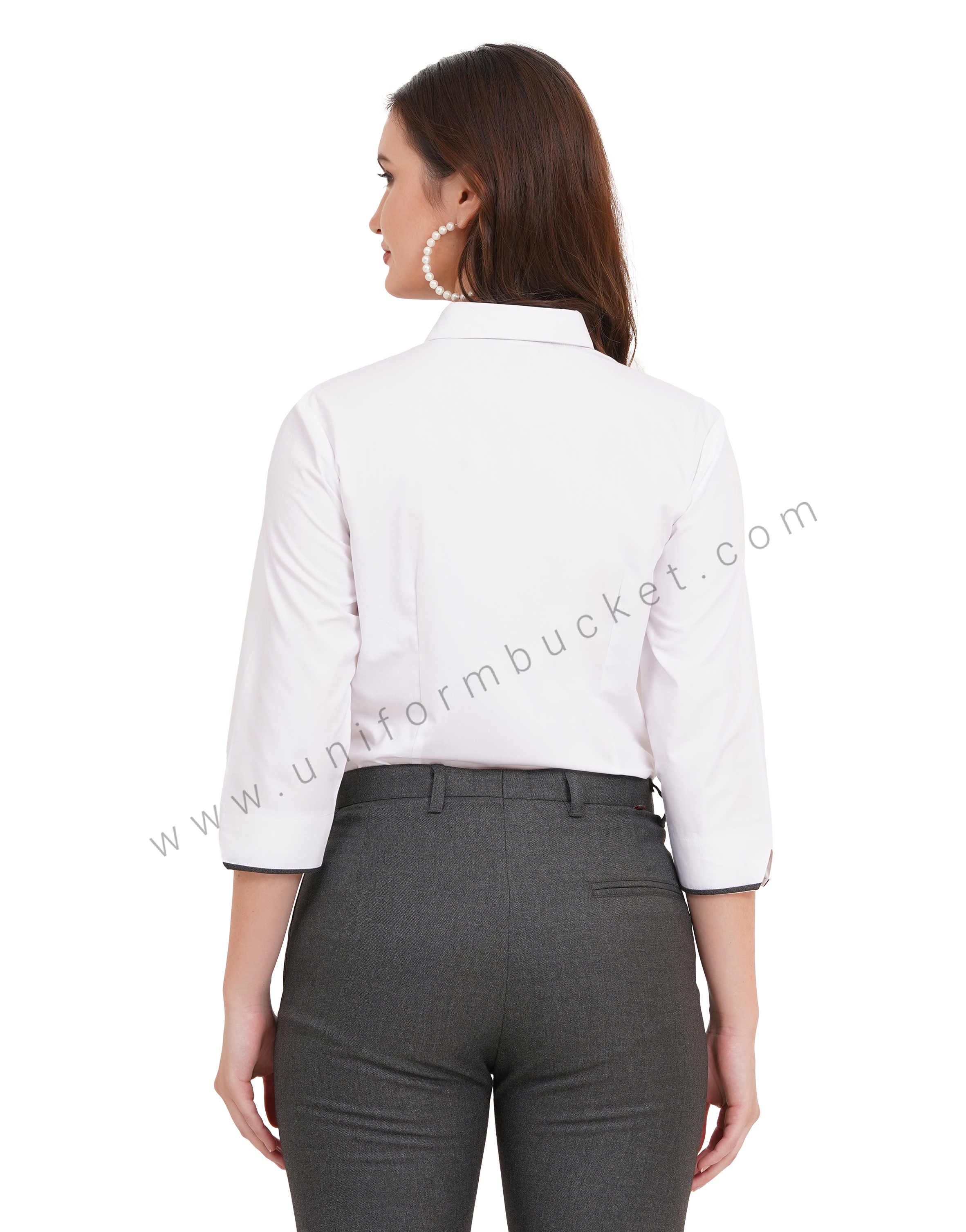 female white shirt with grey piping  & 3/4 sleeve v cut thumbnail 4