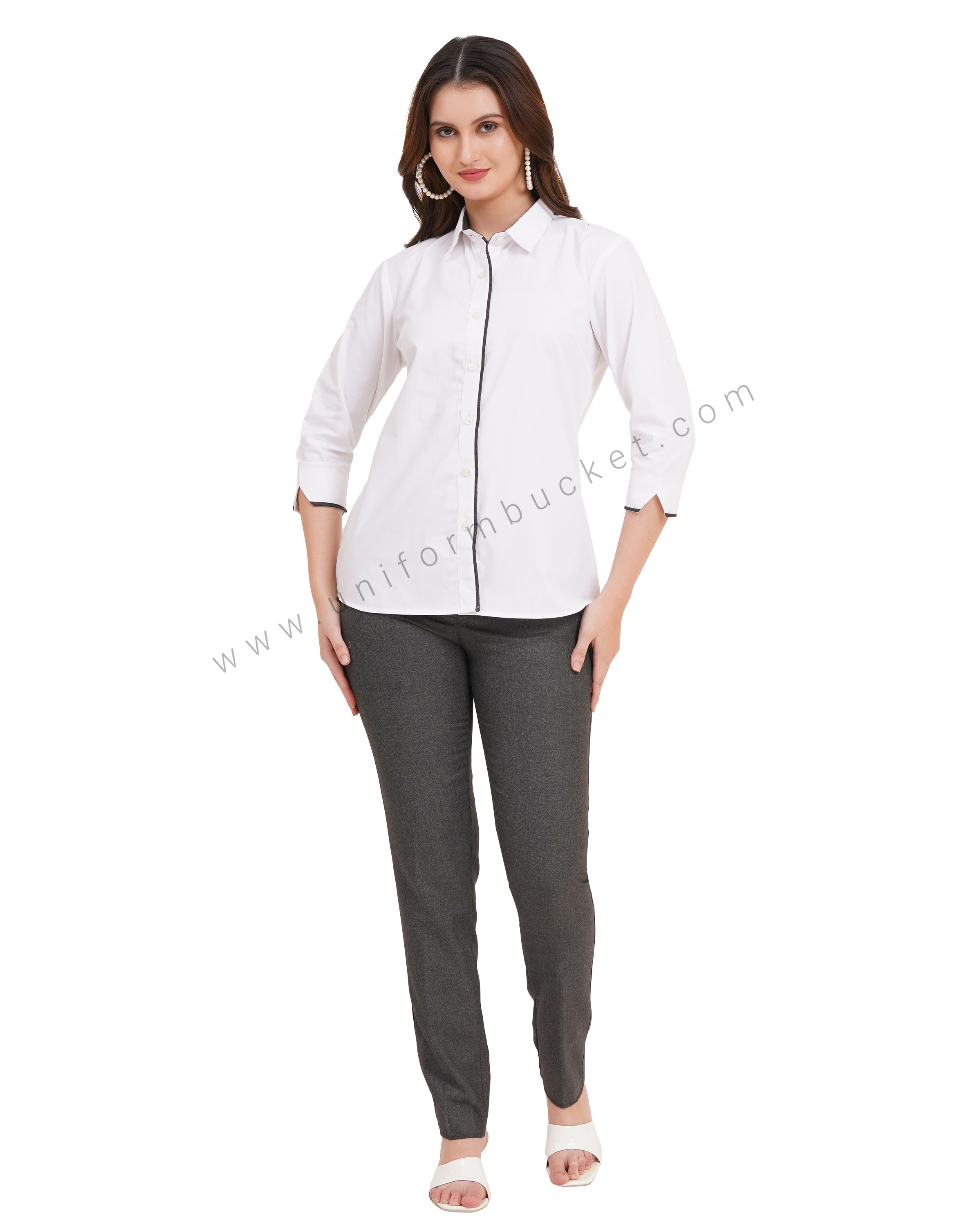 female white shirt with grey piping  & 3/4 sleeve v cut thumbnail 6