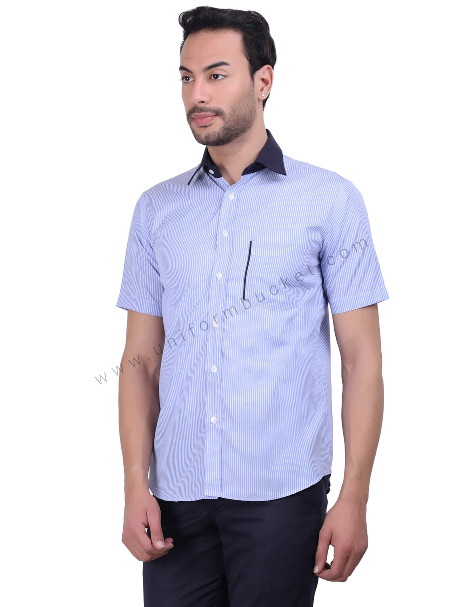 Formal Stylish Blue Shirt With Navy Blue Trims view 1