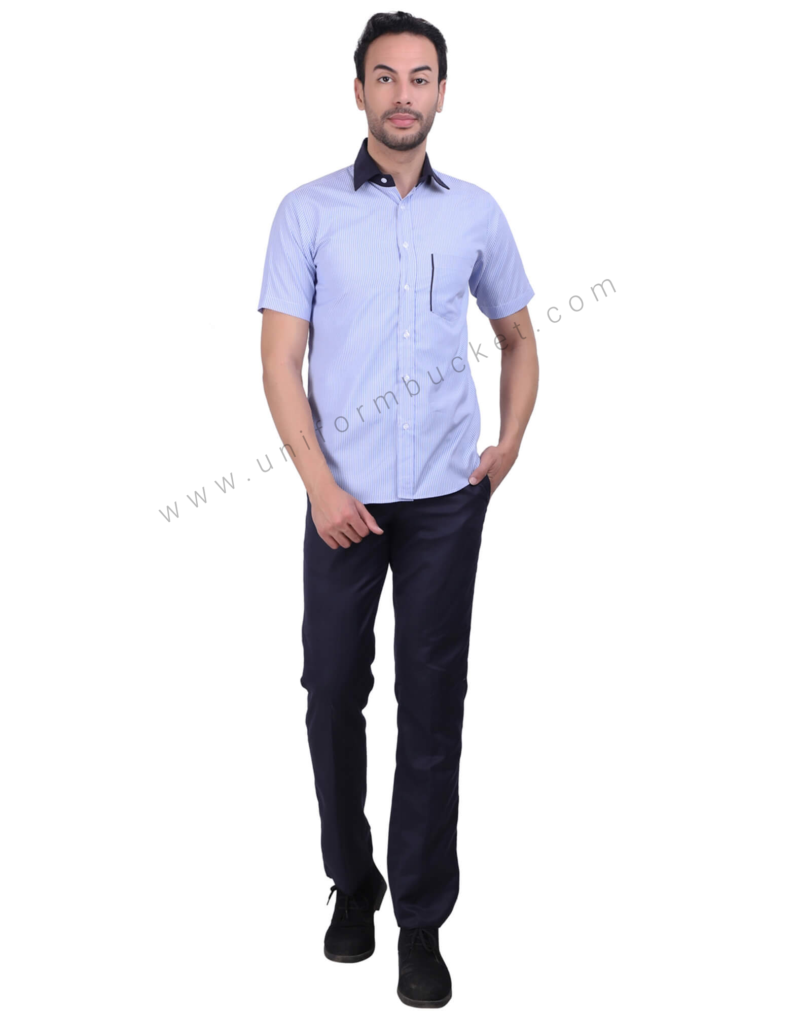 Formal Stylish Blue Shirt With Navy Blue Trims thumbnail 3