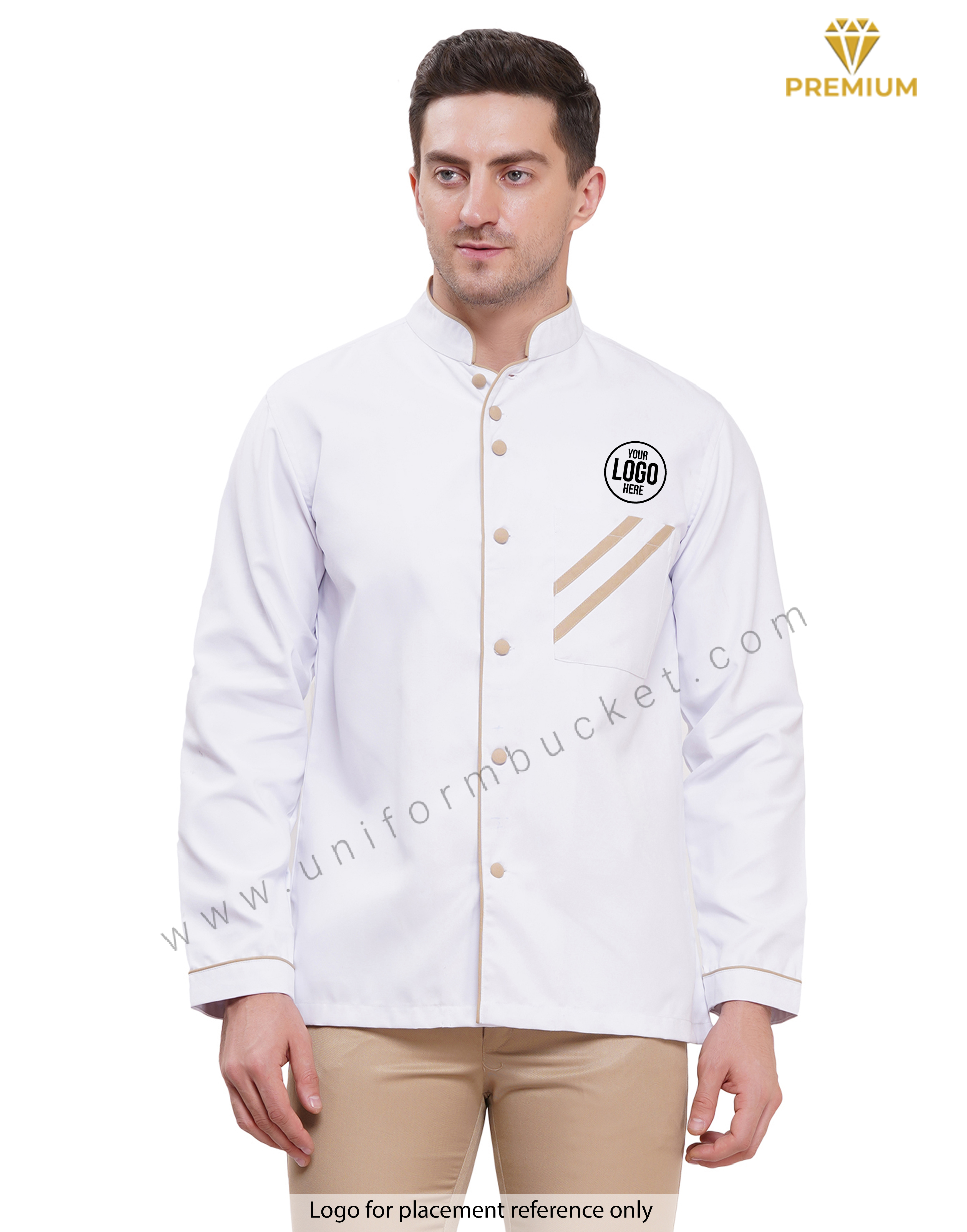 FRONT BUTTON DOWN KHAKI PIPING WITH PATCH  POCKET CHEF COAT view 1