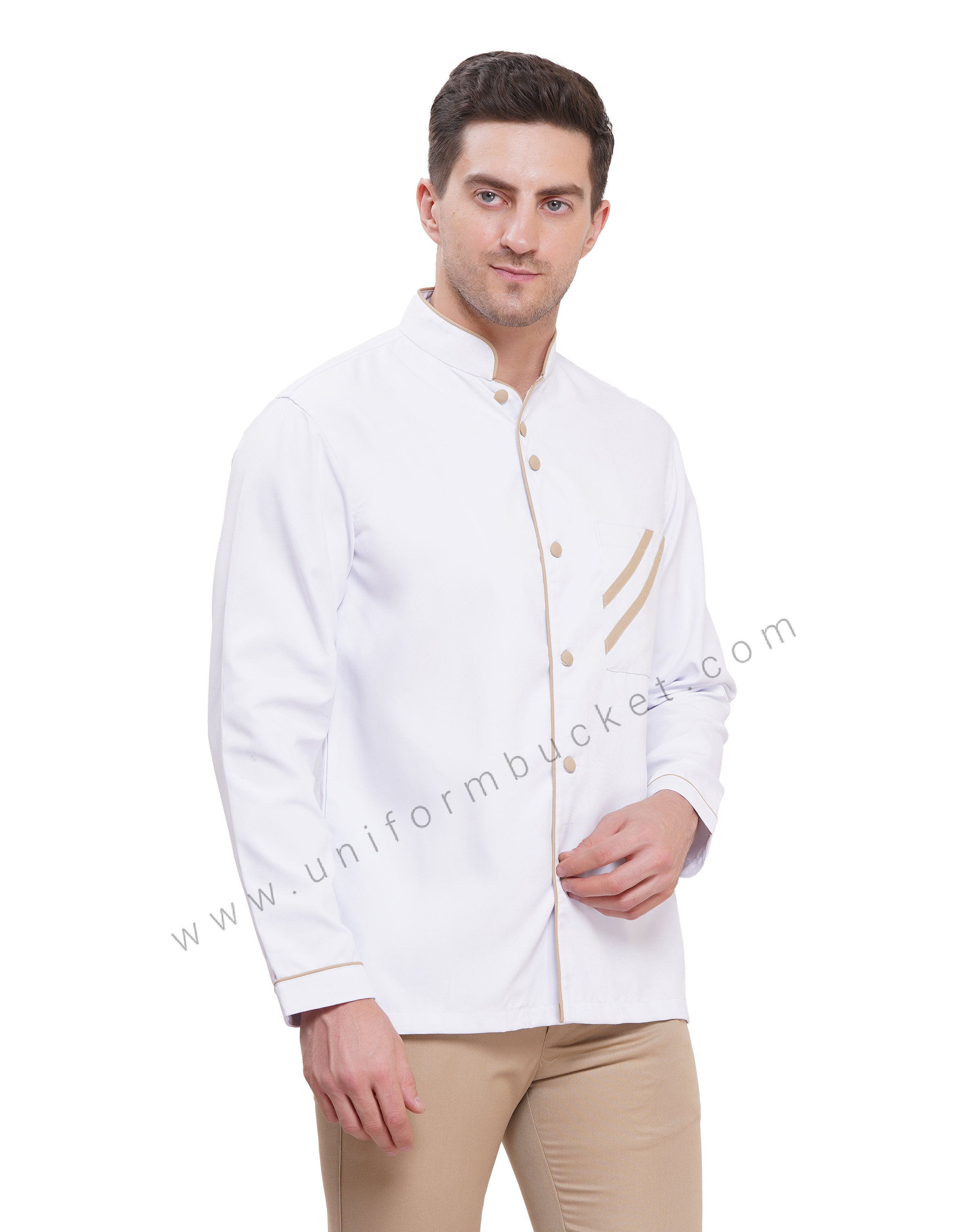 FRONT BUTTON DOWN KHAKI PIPING WITH PATCH  POCKET CHEF COAT thumbnail 3