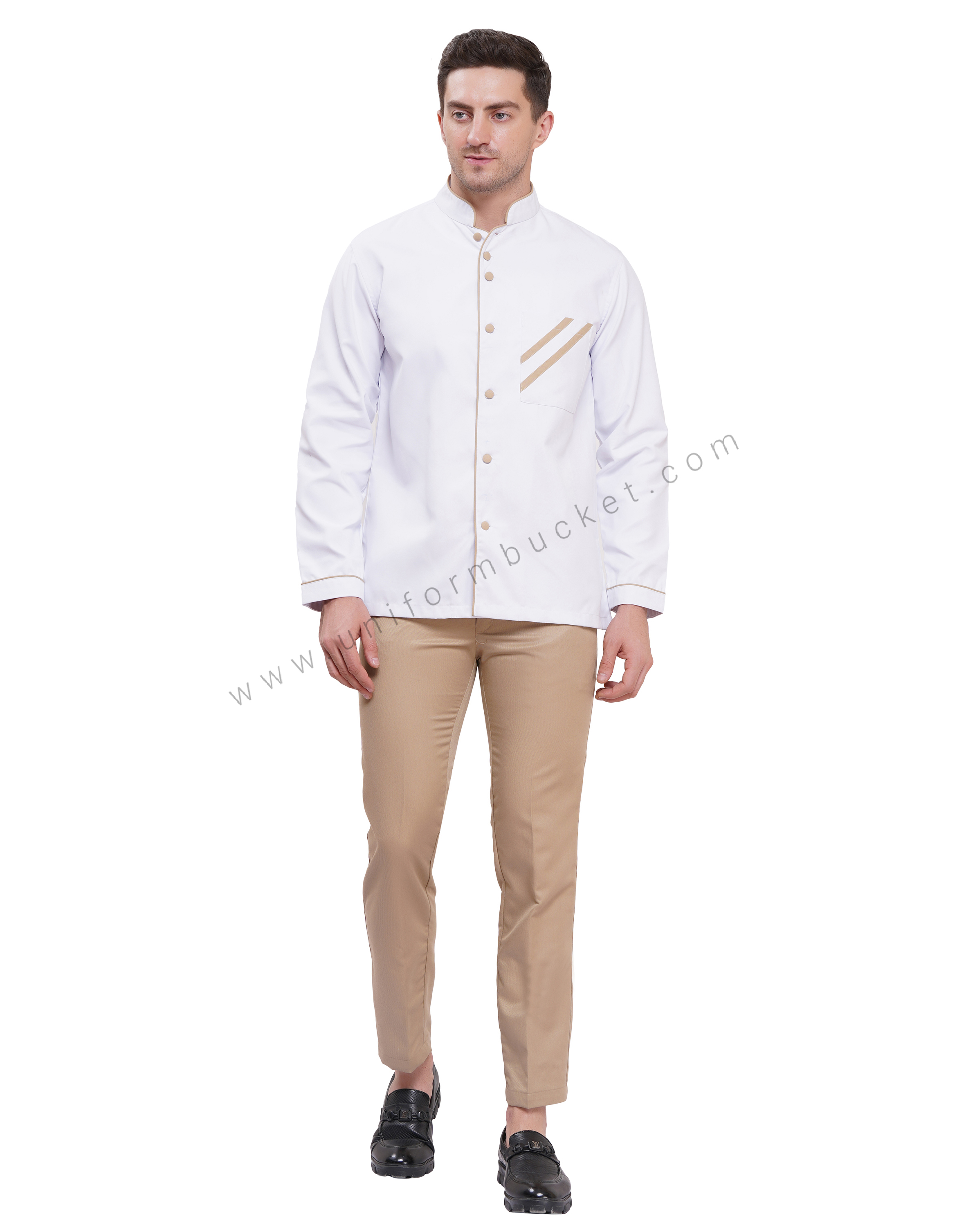 FRONT BUTTON DOWN KHAKI PIPING WITH PATCH  POCKET CHEF COAT thumbnail 6