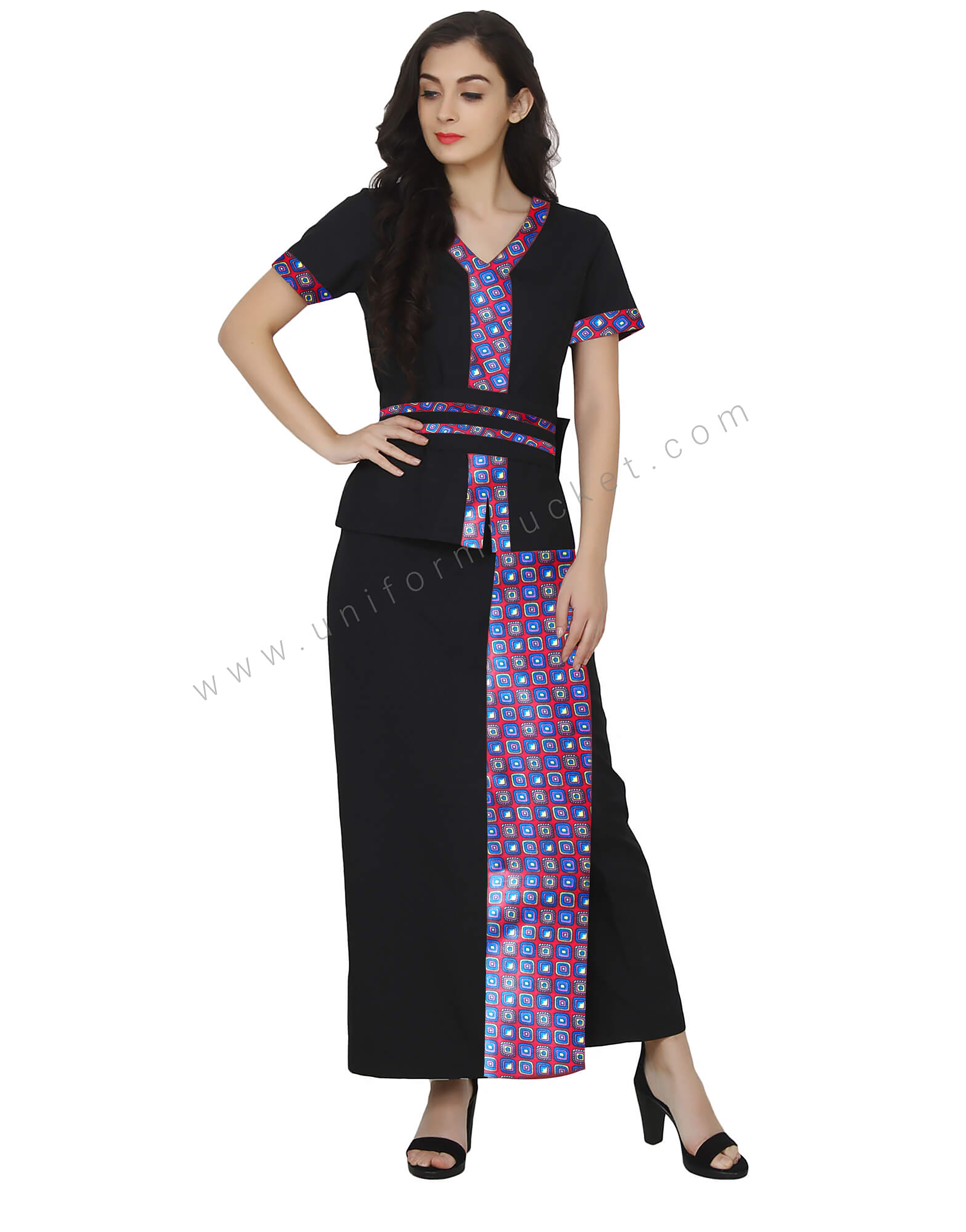 Front Slit Broad Belted Black Spa Top with printed trim view 1