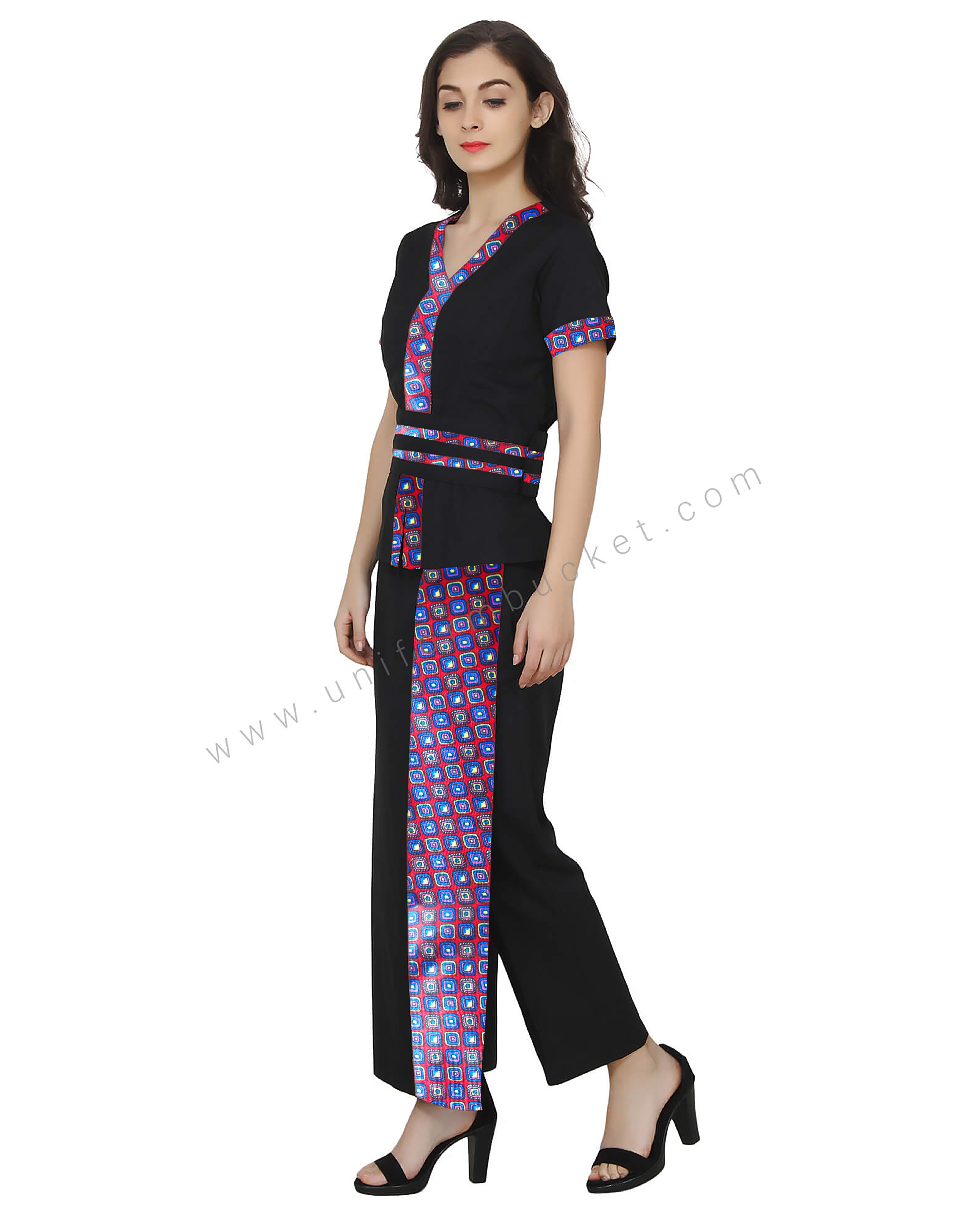 Front Slit Broad Belted Black Spa Top with printed trim thumbnail 2