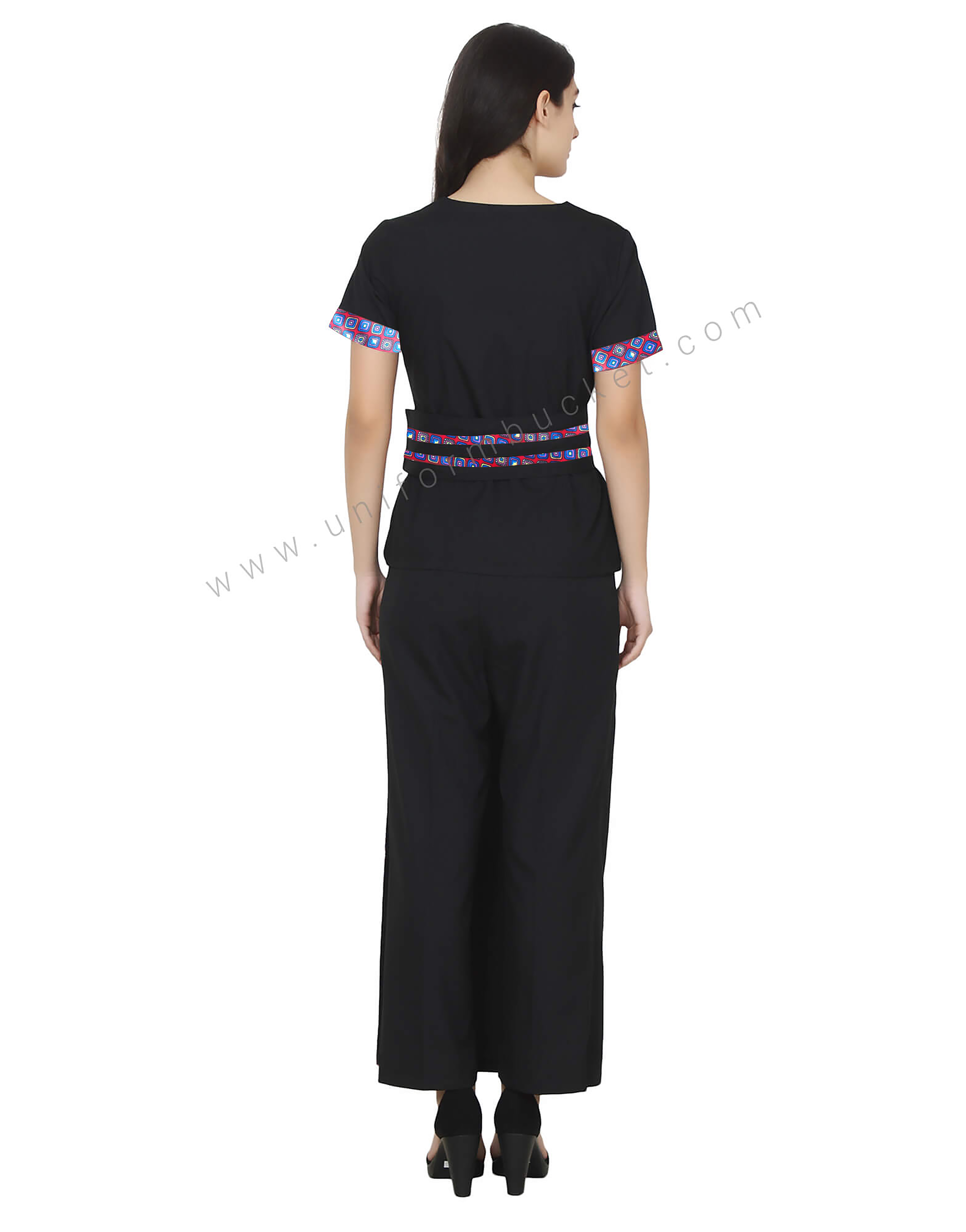 Front Slit Broad Belted Black Spa Top with printed trim thumbnail 3