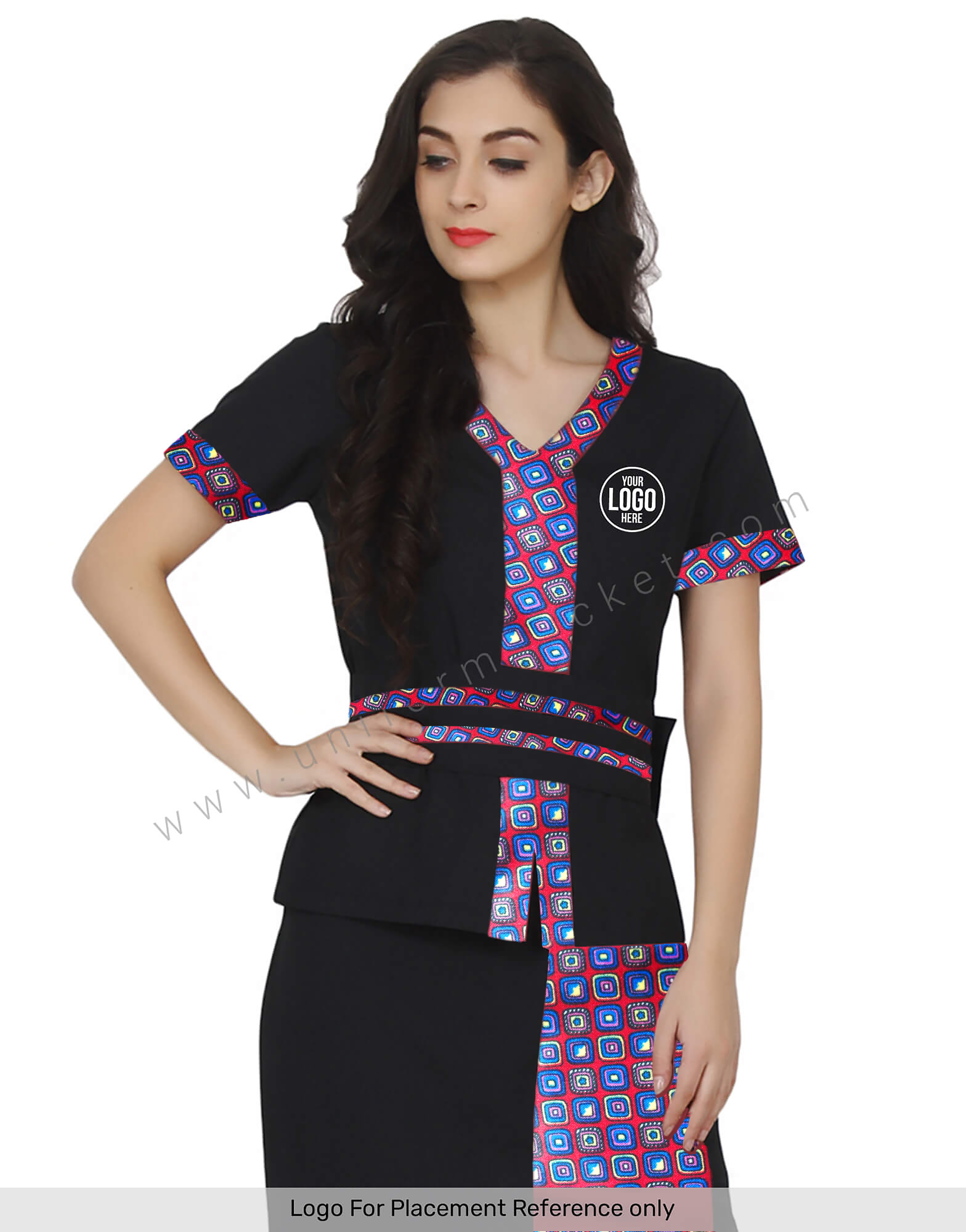 Front Slit Broad Belted Black Spa Top with printed trim thumbnail 4