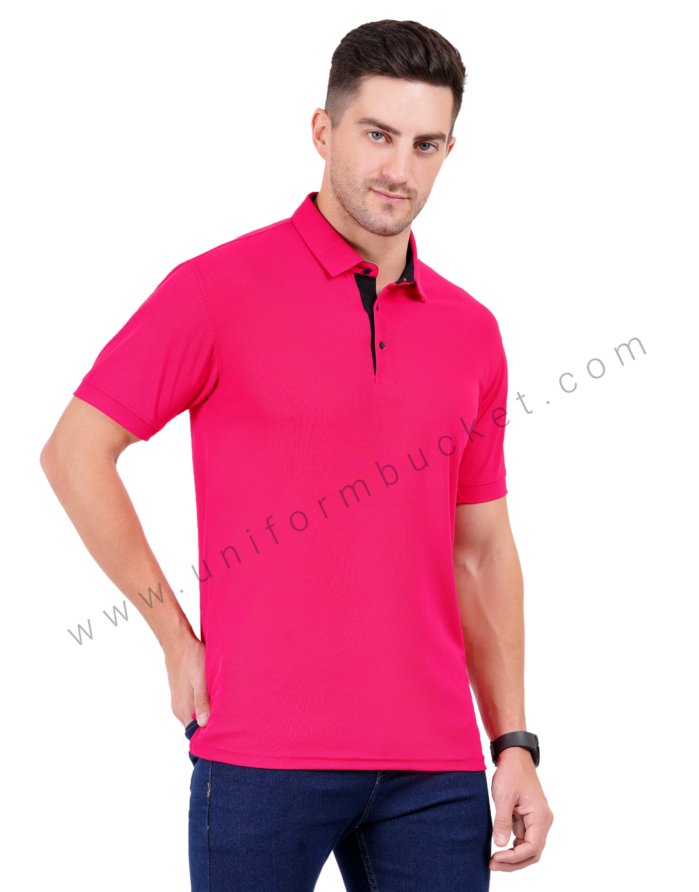 Fuchsia-colored polo T-shirt with sleek black detailing thumbnail 3